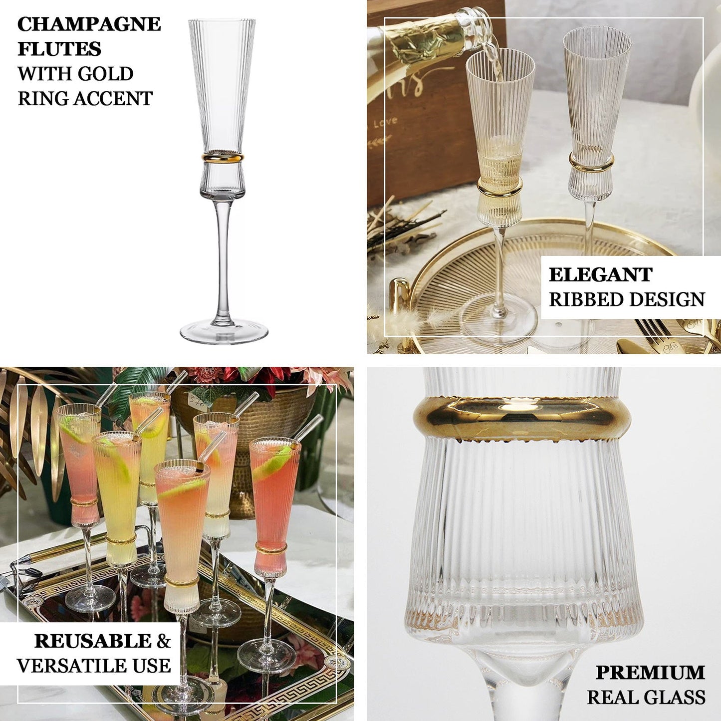 6-Pack Clear Champagne Flutes â€“ 6oz Real Glass, Ribbed Stemware with Gold Ring Accent, Elegant Toasting Glasses for Weddings, Parties & Celebrations â€“ 10" Tall