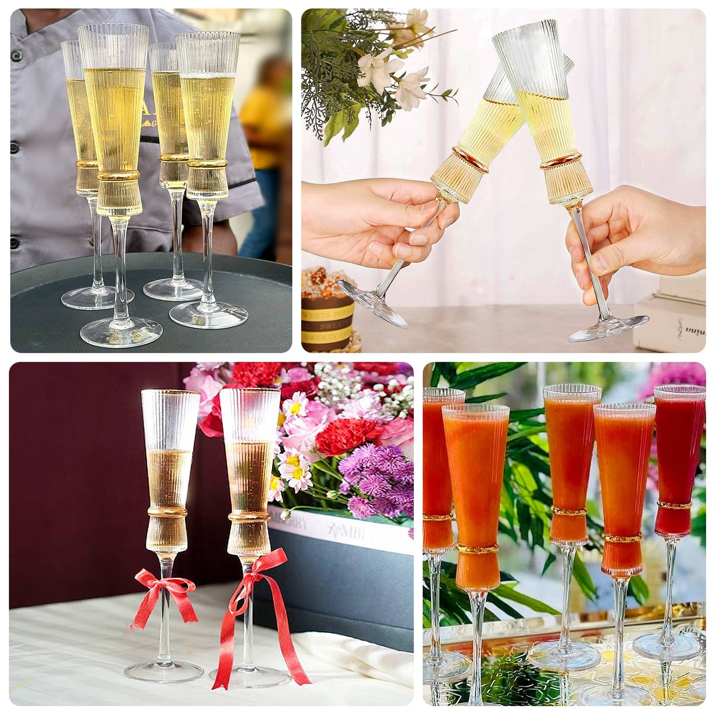 6-Pack Clear Champagne Flutes â€“ 6oz Real Glass, Ribbed Stemware with Gold Ring Accent, Elegant Toasting Glasses for Weddings, Parties & Celebrations â€“ 10" Tall