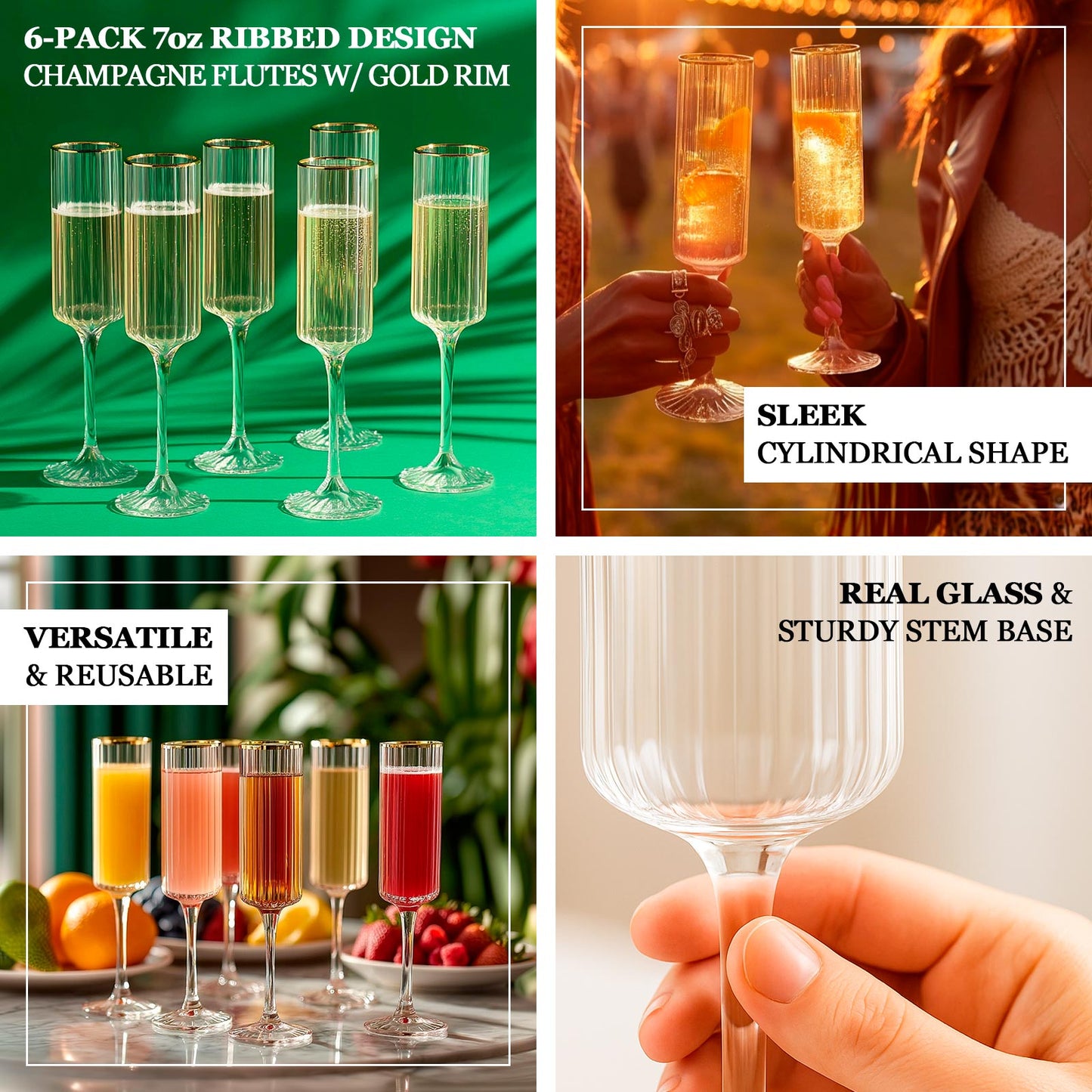 6-Pack Clear Modern Champagne Flutes â€“ 7oz Real Glass, Ribbed Cylindrical Design with Gold Rim, Elegant Toasting Glasses for Weddings & Celebrations â€“ 9.5" Tall