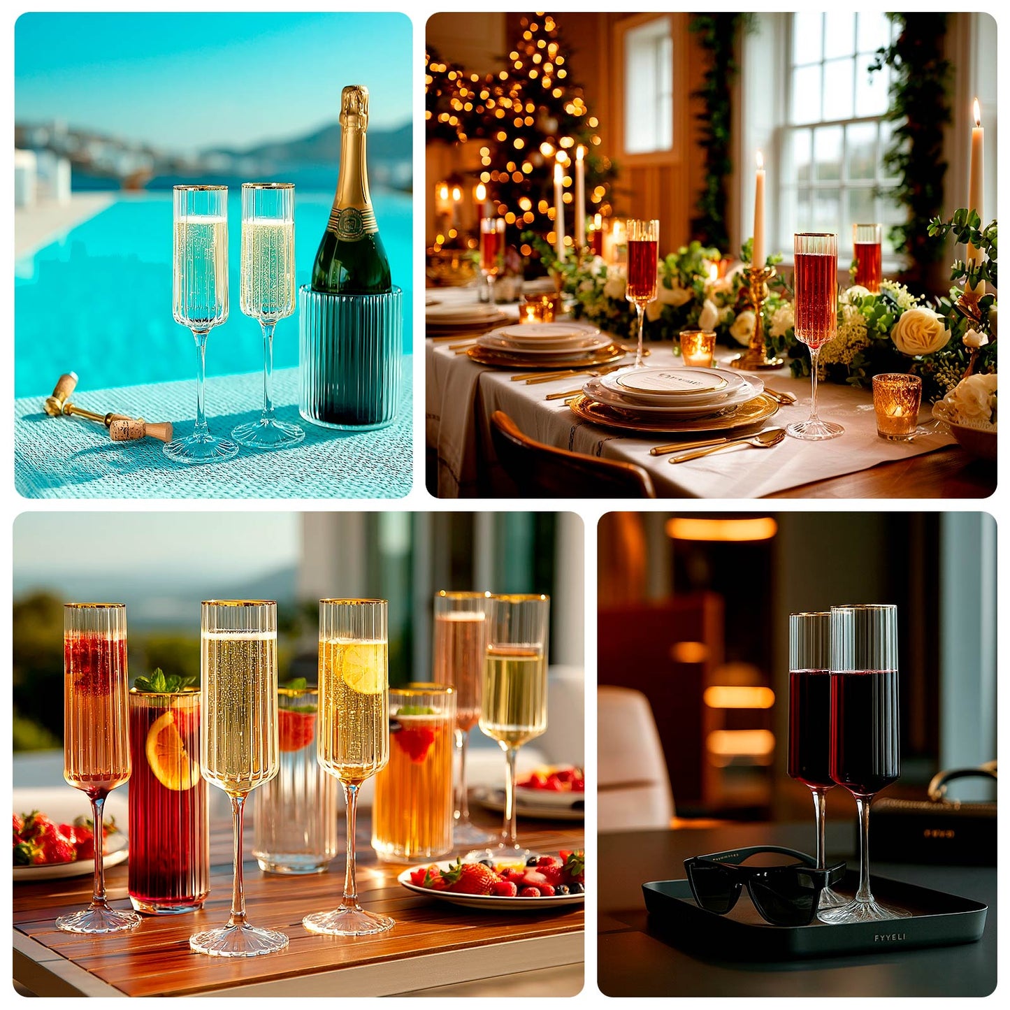 6-Pack Clear Modern Champagne Flutes â€“ 7oz Real Glass, Ribbed Cylindrical Design with Gold Rim, Elegant Toasting Glasses for Weddings & Celebrations â€“ 9.5" Tall