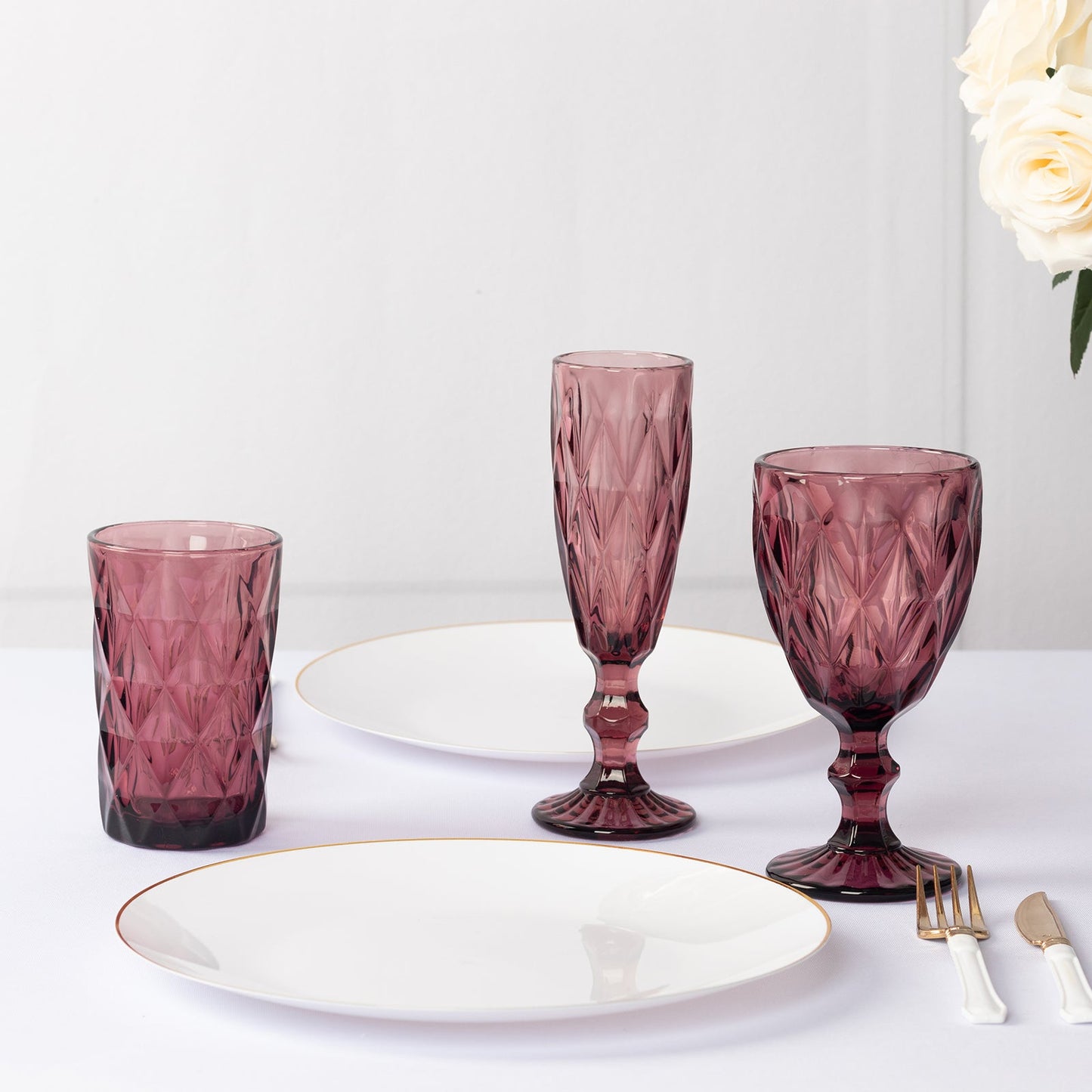 6-Pack Whiskey Glasses Dusty Rose Textured Crystal Cut Design with Heavy Base - Highball Tumblers for Parties & Events 12oz 5"