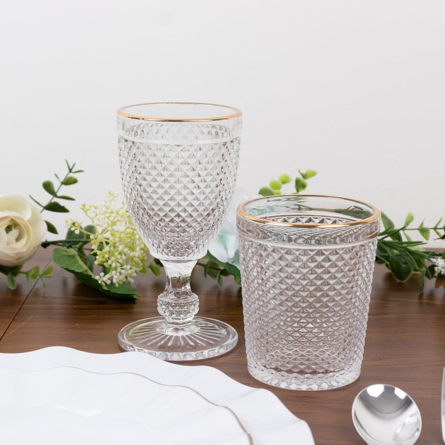6-Pack Tumbler Glasses Clear Hobnail Design with Gold Rim - Embossed Diamond Pattern Glassware for Drinks & Parties 11oz 4"