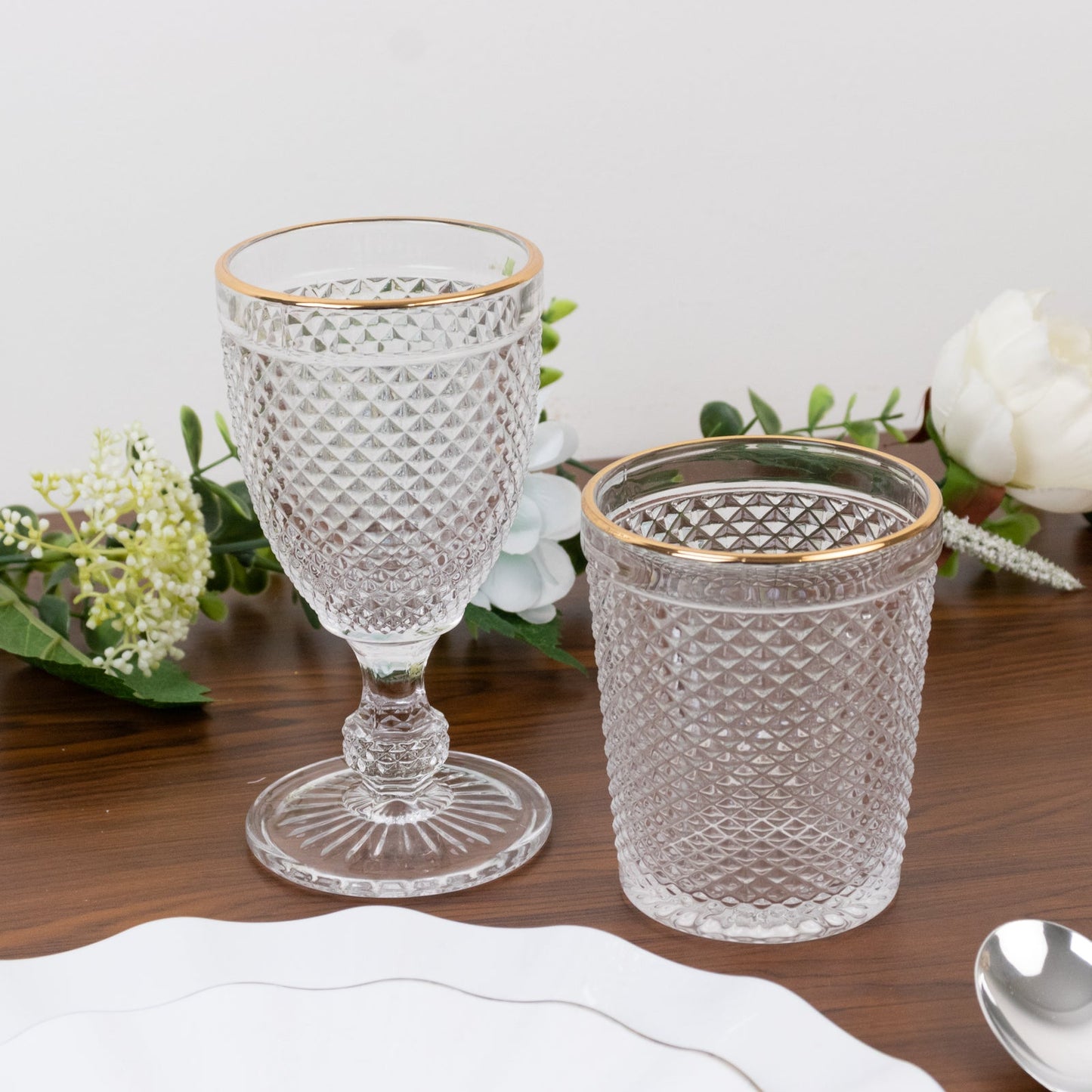 6-Pack Tumbler Glasses Clear Hobnail Design with Gold Rim - Embossed Diamond Pattern Glassware for Drinks & Parties 11oz 4"