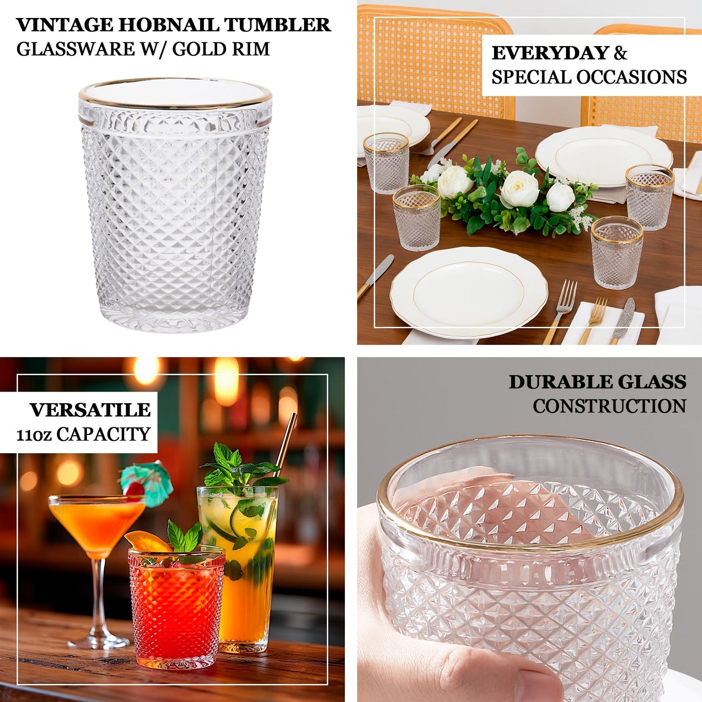 6-Pack Tumbler Glasses Clear Hobnail Design with Gold Rim - Embossed Diamond Pattern Glassware for Drinks & Parties 11oz 4"