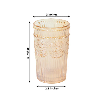 6 Pack Embossed Glass Tumblers â€“ 13oz Amber Gold Vintage Textured Floral Drinking Cups for Water & Cocktails