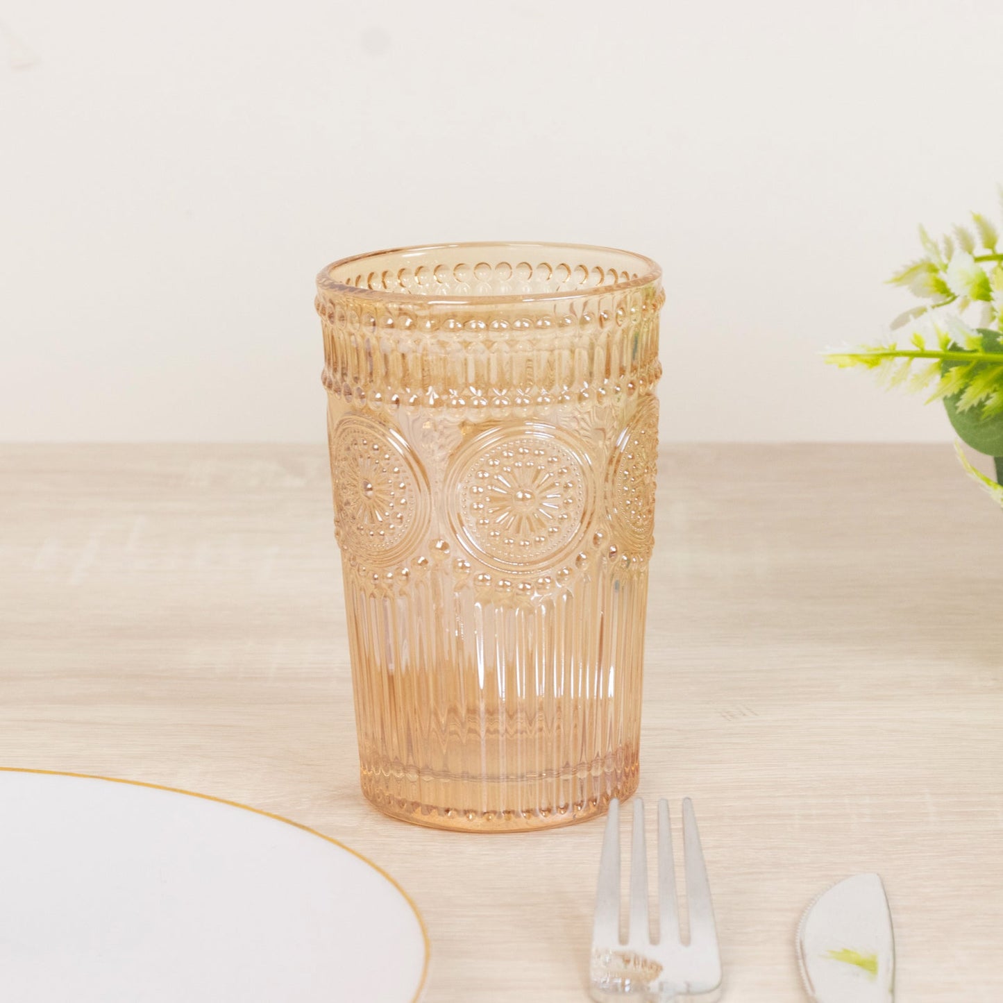 6 Pack Embossed Glass Tumblers â€“ 13oz Amber Gold Vintage Textured Floral Drinking Cups for Water & Cocktails