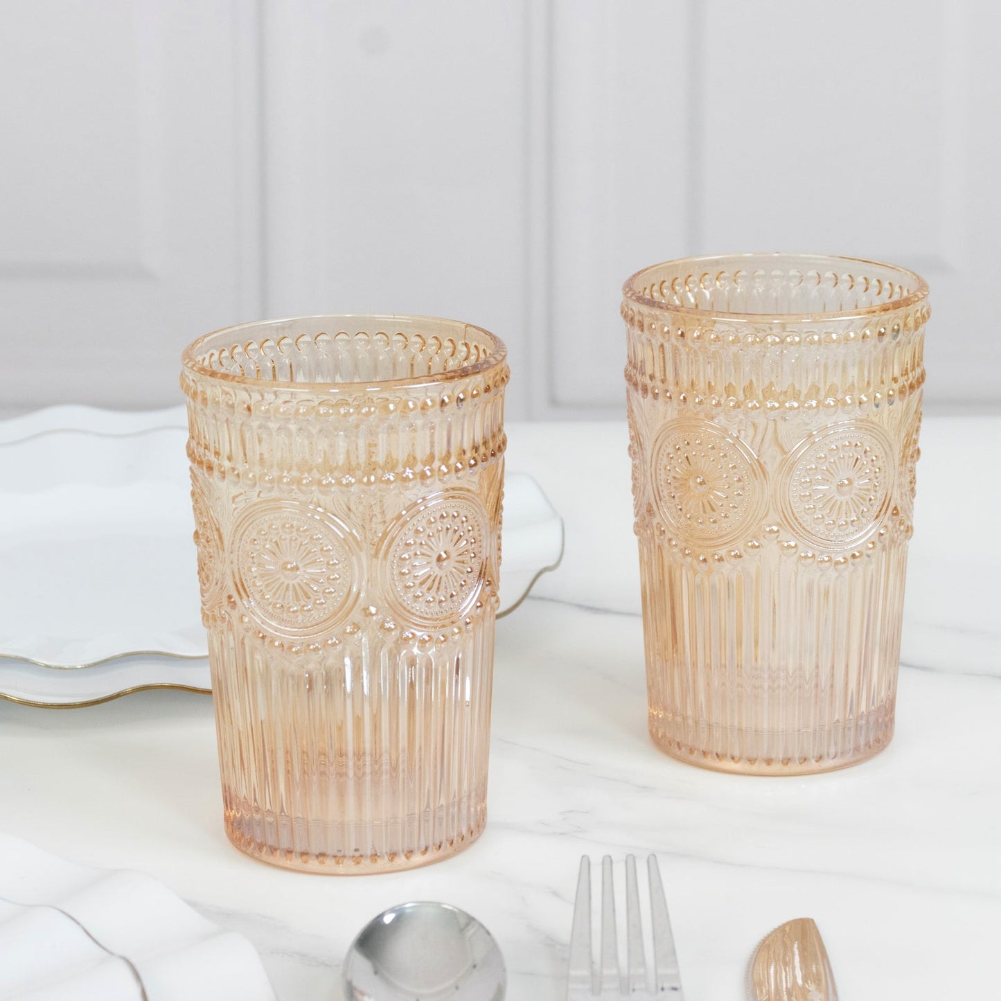 6 Pack Embossed Glass Tumblers â€“ 13oz Amber Gold Vintage Textured Floral Drinking Cups for Water & Cocktails