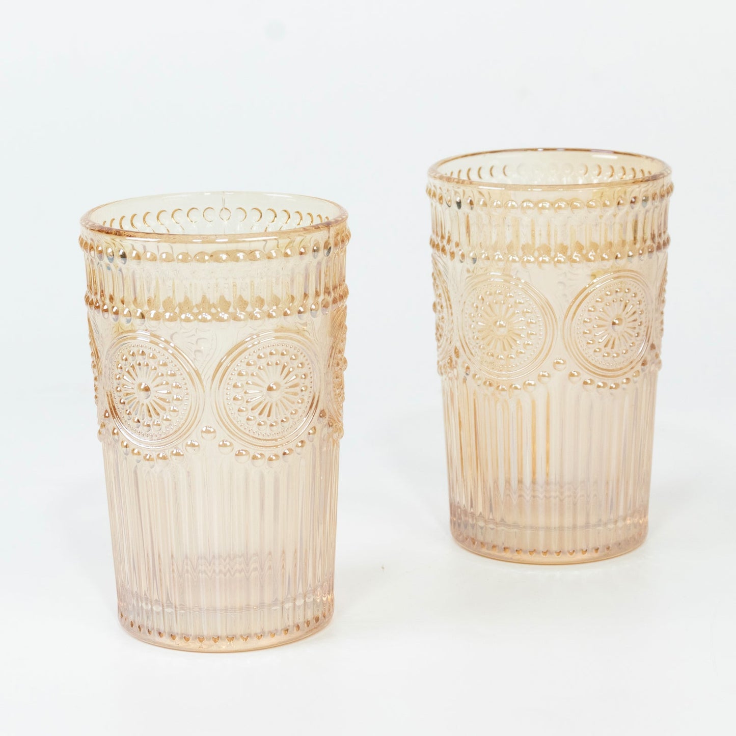 6 Pack Embossed Glass Tumblers â€“ 13oz Amber Gold Vintage Textured Floral Drinking Cups for Water & Cocktails