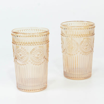 6 Pack Embossed Glass Tumblers â€“ 13oz Amber Gold Vintage Textured Floral Drinking Cups for Water & Cocktails