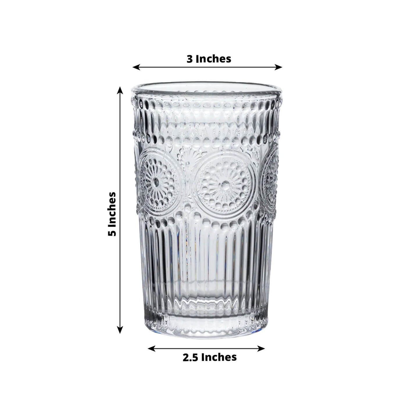 6 Pack Embossed Glass Tumblers â€“ 13oz Clear Vintage Textured Floral Drinking Cups for Water & Cocktails