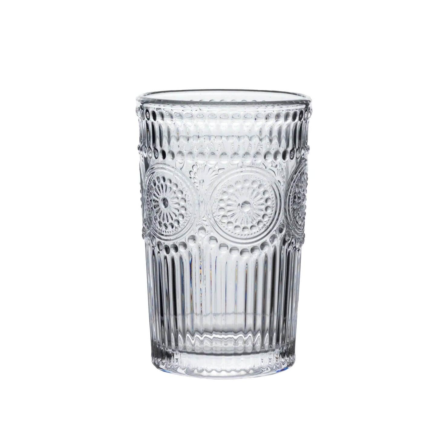6 Pack Embossed Glass Tumblers â€“ 13oz Clear Vintage Textured Floral Drinking Cups for Water & Cocktails