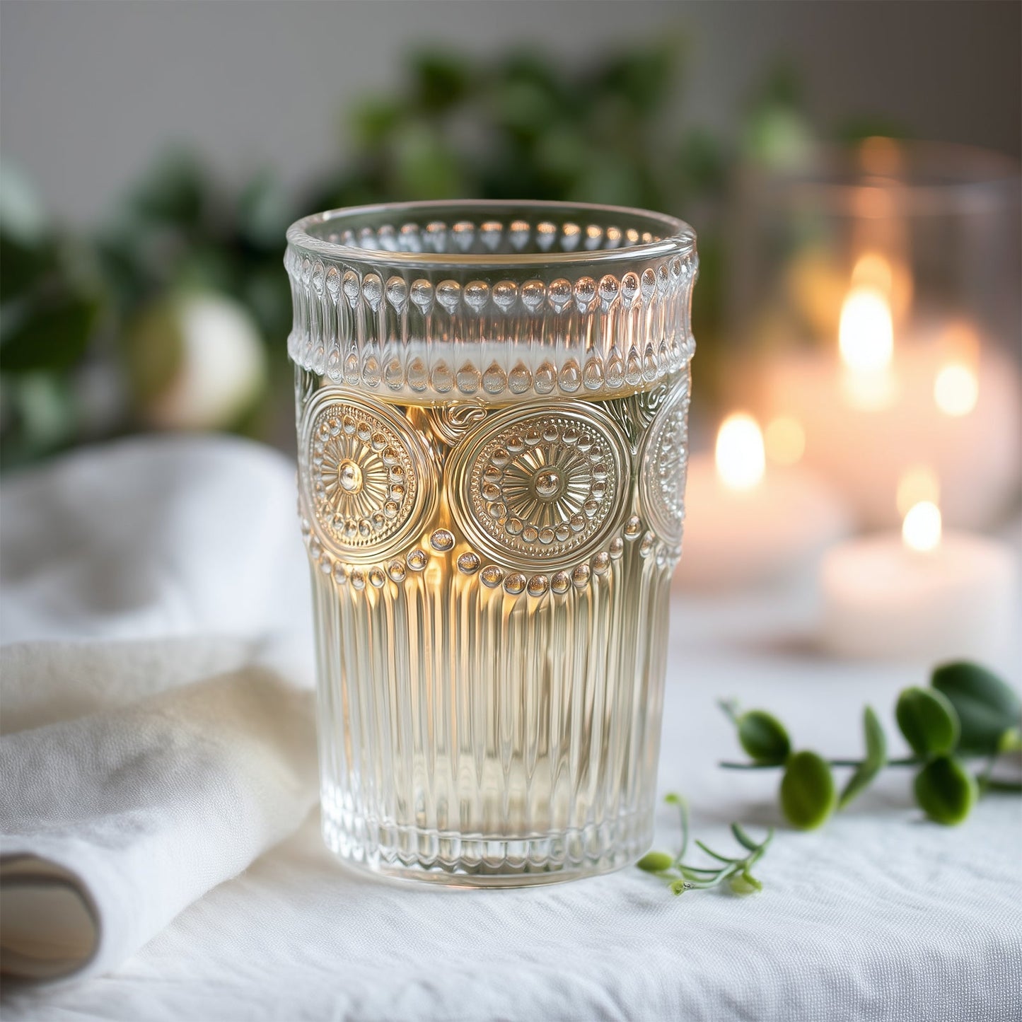 6 Pack Embossed Glass Tumblers â€“ 13oz Clear Vintage Textured Floral Drinking Cups for Water & Cocktails