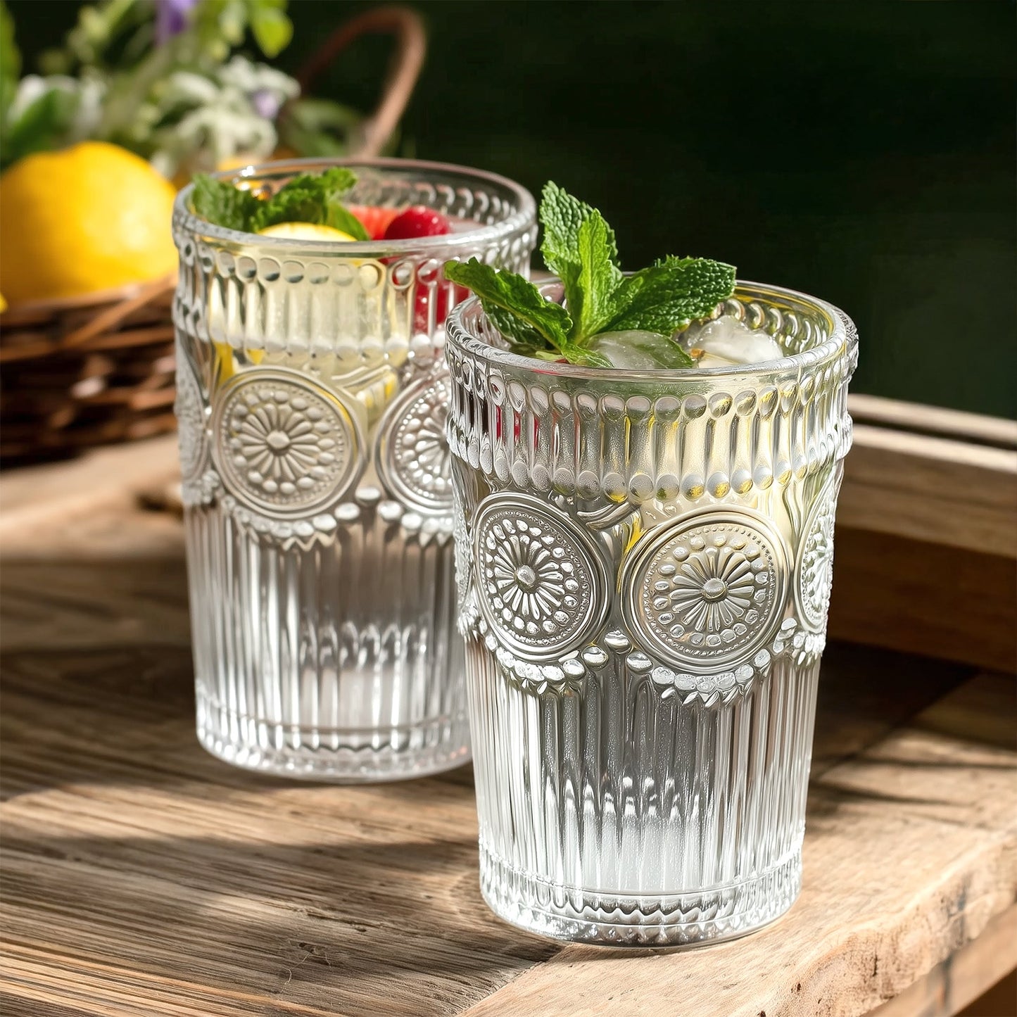 6 Pack Embossed Glass Tumblers â€“ 13oz Clear Vintage Textured Floral Drinking Cups for Water & Cocktails