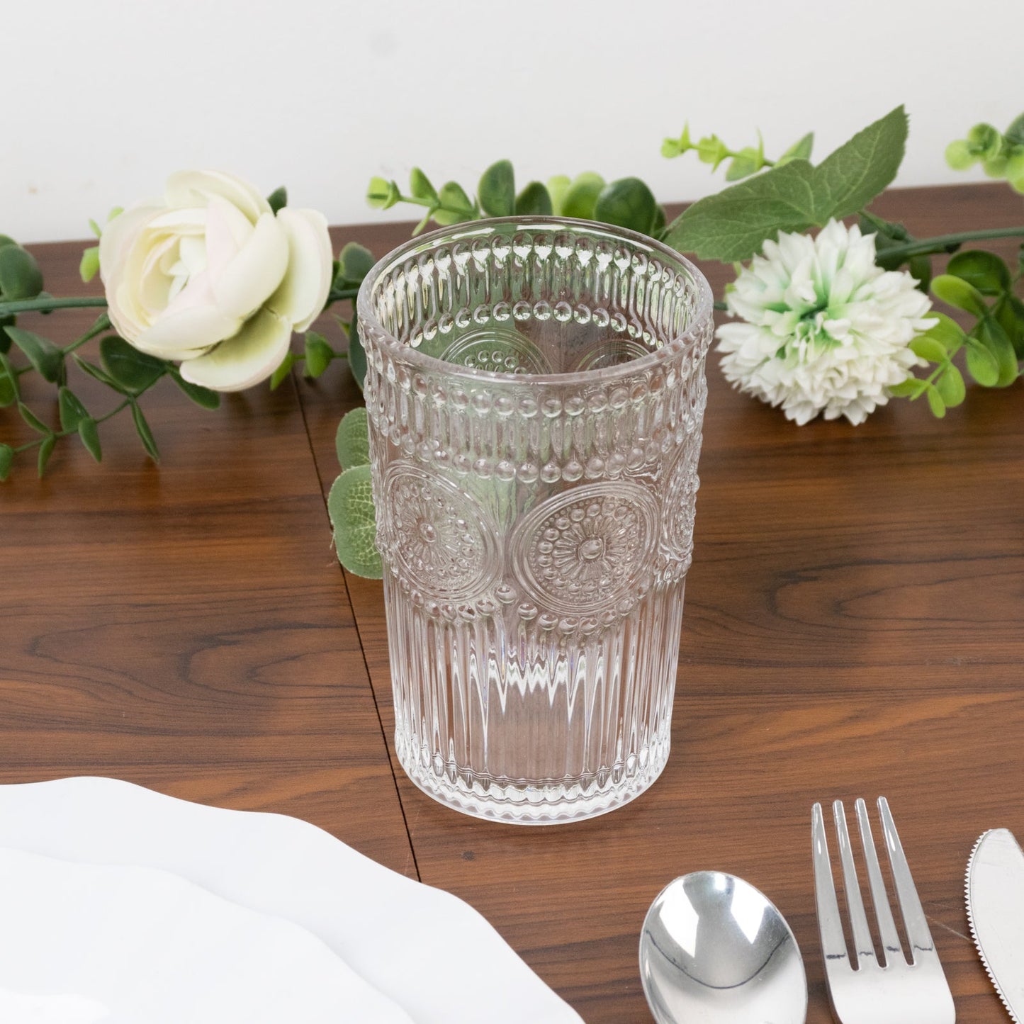 6 Pack Embossed Glass Tumblers â€“ 13oz Clear Vintage Textured Floral Drinking Cups for Water & Cocktails