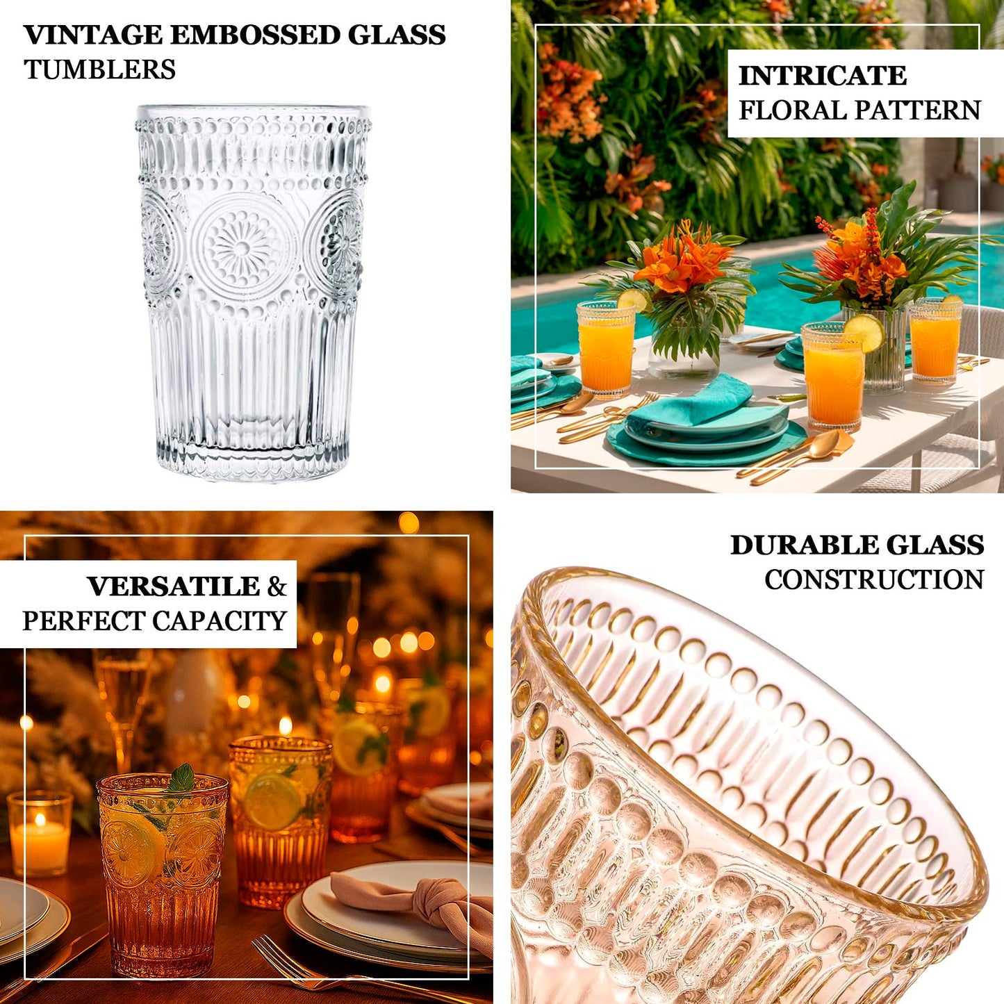 6 Pack Embossed Glass Tumblers â€“ 13oz Amber Gold Vintage Textured Floral Drinking Cups for Water & Cocktails