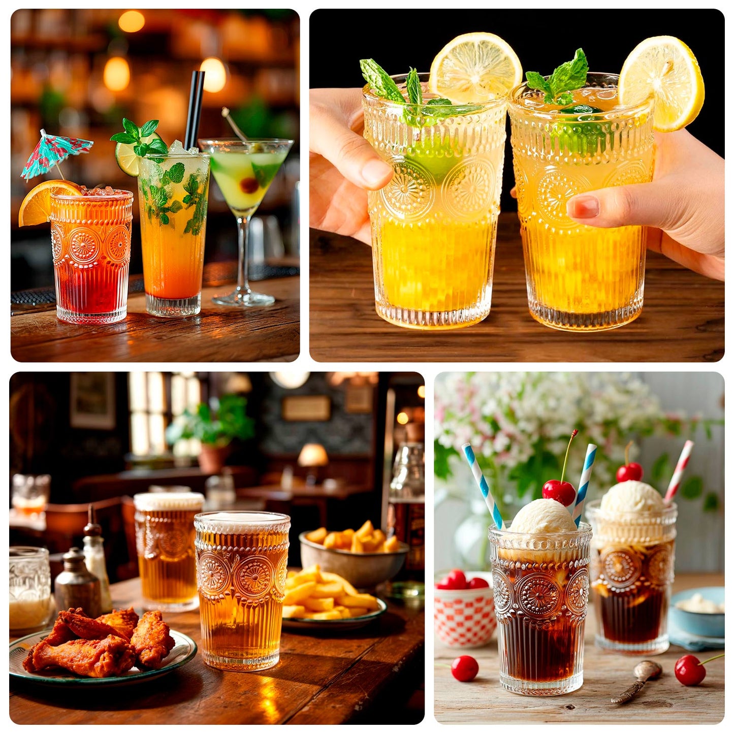 6 Pack Embossed Glass Tumblers â€“ 13oz Clear Vintage Textured Floral Drinking Cups for Water & Cocktails