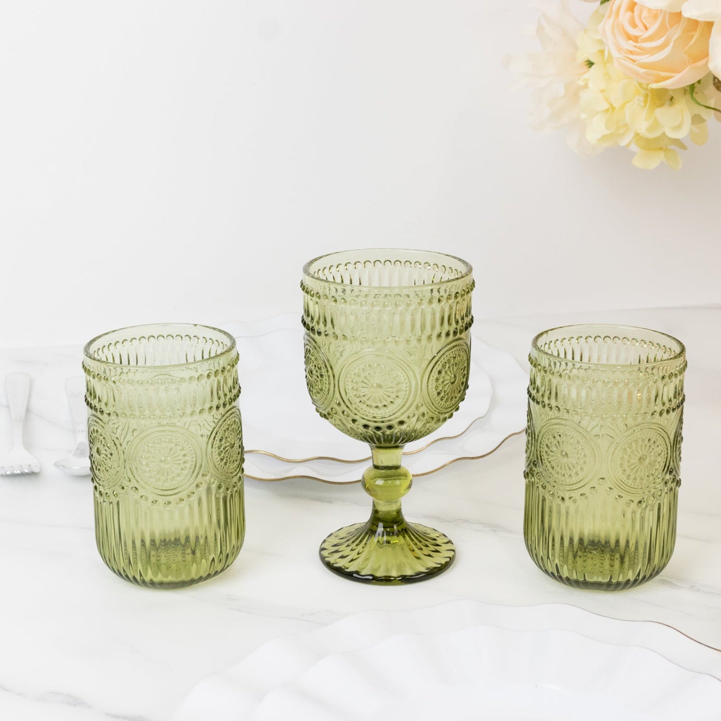 6-Pack Glass Tumblers Dusty Sage Green Vintage Embossed Design with Textured Floral Pattern - Highball Glasses for Drinks & Parties 14oz
