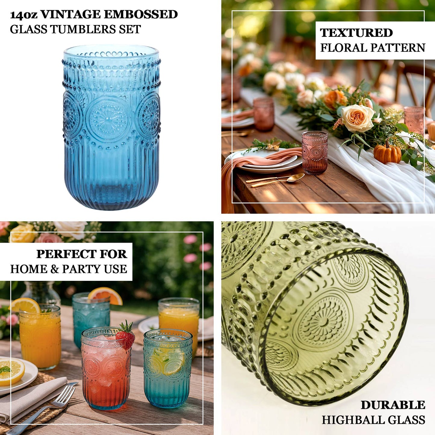 6-Pack Glass Tumblers Ocean Blue Vintage Embossed Design with Textured Floral Pattern - Highball Glasses for Drinks & Parties 14oz