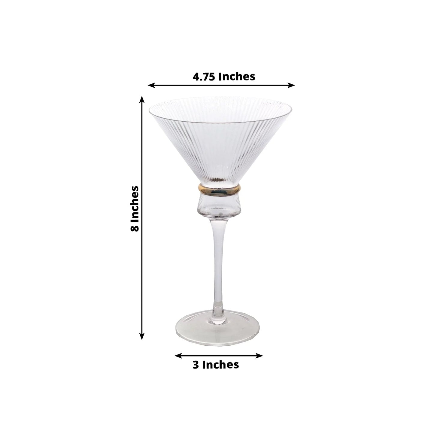 6-Pack Clear Martini Glasses â€“ 10oz Real Glass, Ribbed Design with Gold Ring Accent, Elegant Cocktail Glasses for Martinis & Cosmopolitans â€“ 8" Tall