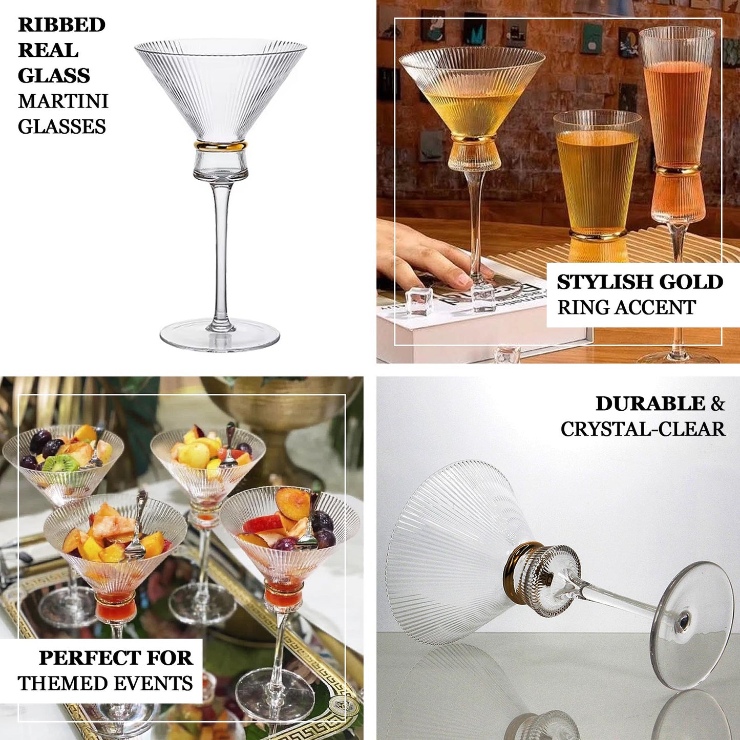 6-Pack Clear Martini Glasses â€“ 10oz Real Glass, Ribbed Design with Gold Ring Accent, Elegant Cocktail Glasses for Martinis & Cosmopolitans â€“ 8" Tall
