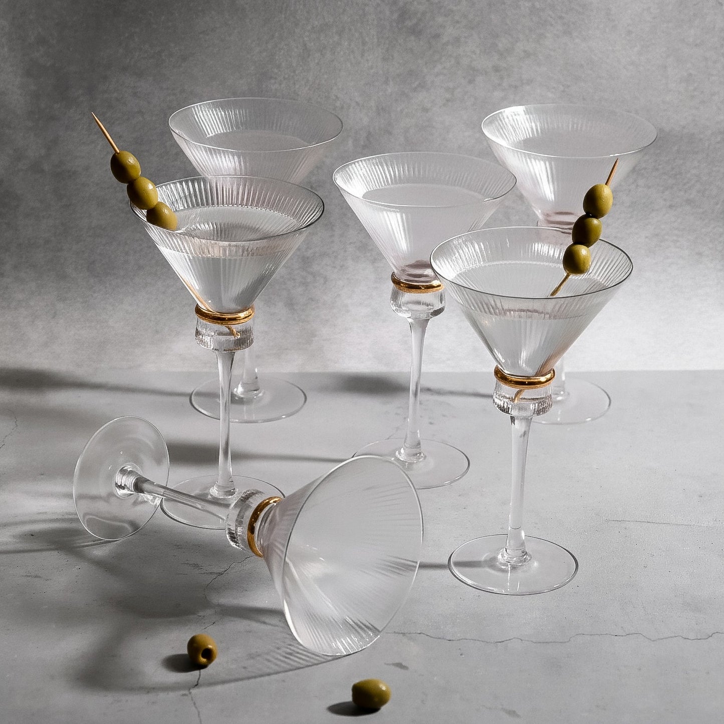 6-Pack Clear Martini Glasses â€“ 10oz Real Glass, Ribbed Design with Gold Ring Accent, Elegant Cocktail Glasses for Martinis & Cosmopolitans â€“ 8" Tall