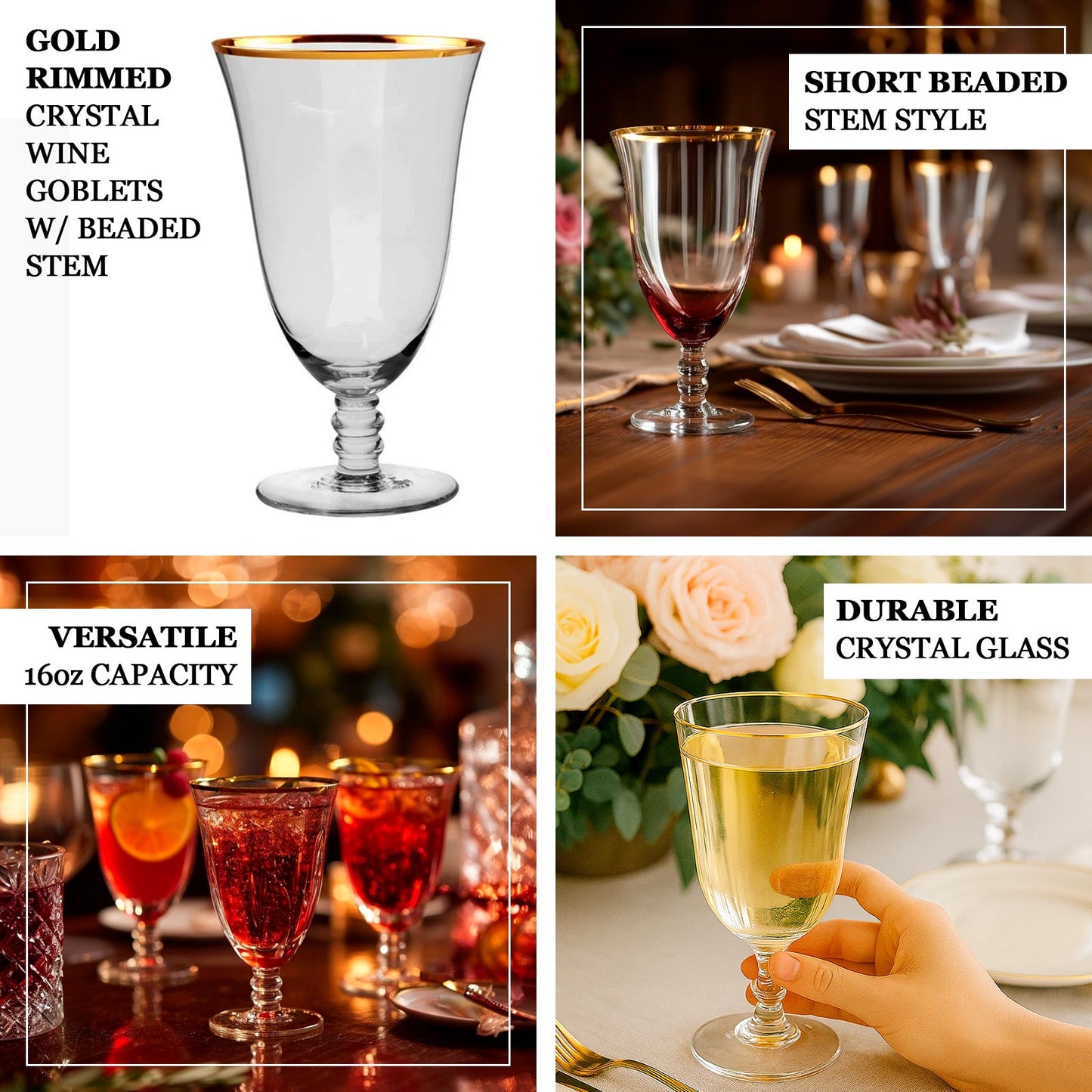 6-Pack Red Wine Glasses Clear Gold Rimmed Design with Short Beaded Stem - Chic Crystal Goblets for Drinks & Events 16oz 7"