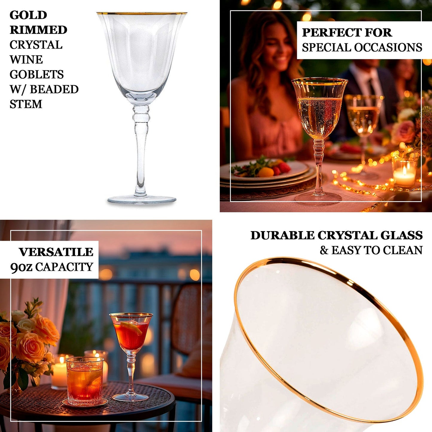 6-Pack Wine Goblet Glasses Clear Gold Rimmed Design with Long Beaded Stem - Handblown Vintage Crystal Glasses for Water & Drinks 9oz 8"