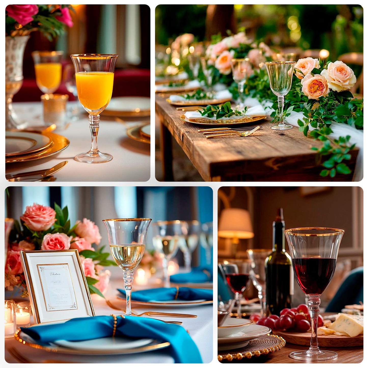 6-Pack Wine Goblet Glasses Clear Gold Rimmed Design with Long Beaded Stem - Handblown Vintage Crystal Glasses for Water & Drinks 9oz 8"