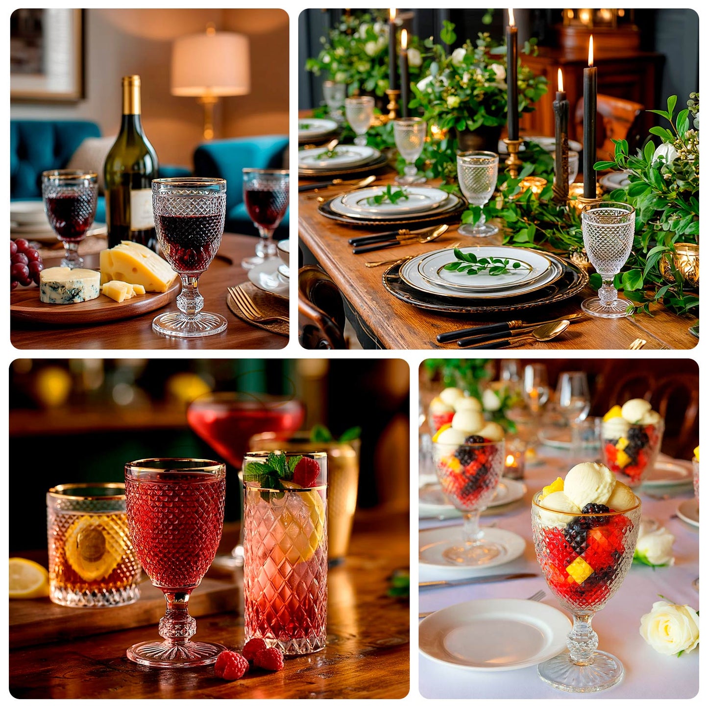 6-Pack Vintage Wine Glasses with Gold Rim and Embossed Diamond Pattern Clear - Crystal 8oz Short Stem Goblets for Cocktails 6"