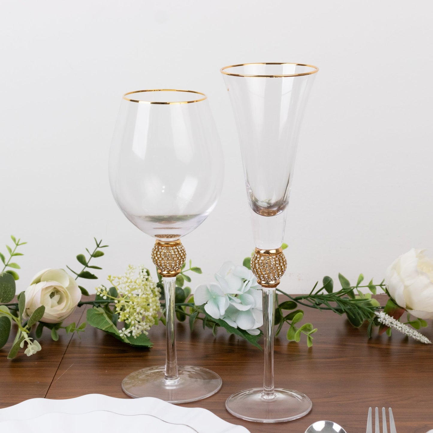 Set of 6 Wine Goblet Glasses Clear Gold Rimmed Design with Rhinestone Studded Stem - Handblown Vintage Crystal Glasses for Cocktails 16oz 10"
