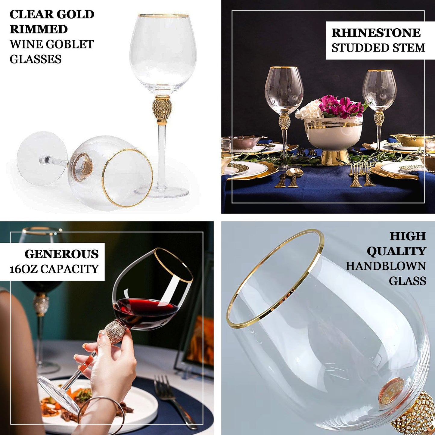 Set of 6 Wine Goblet Glasses Clear Gold Rimmed Design with Rhinestone Studded Stem - Handblown Vintage Crystal Glasses for Cocktails 16oz 10"