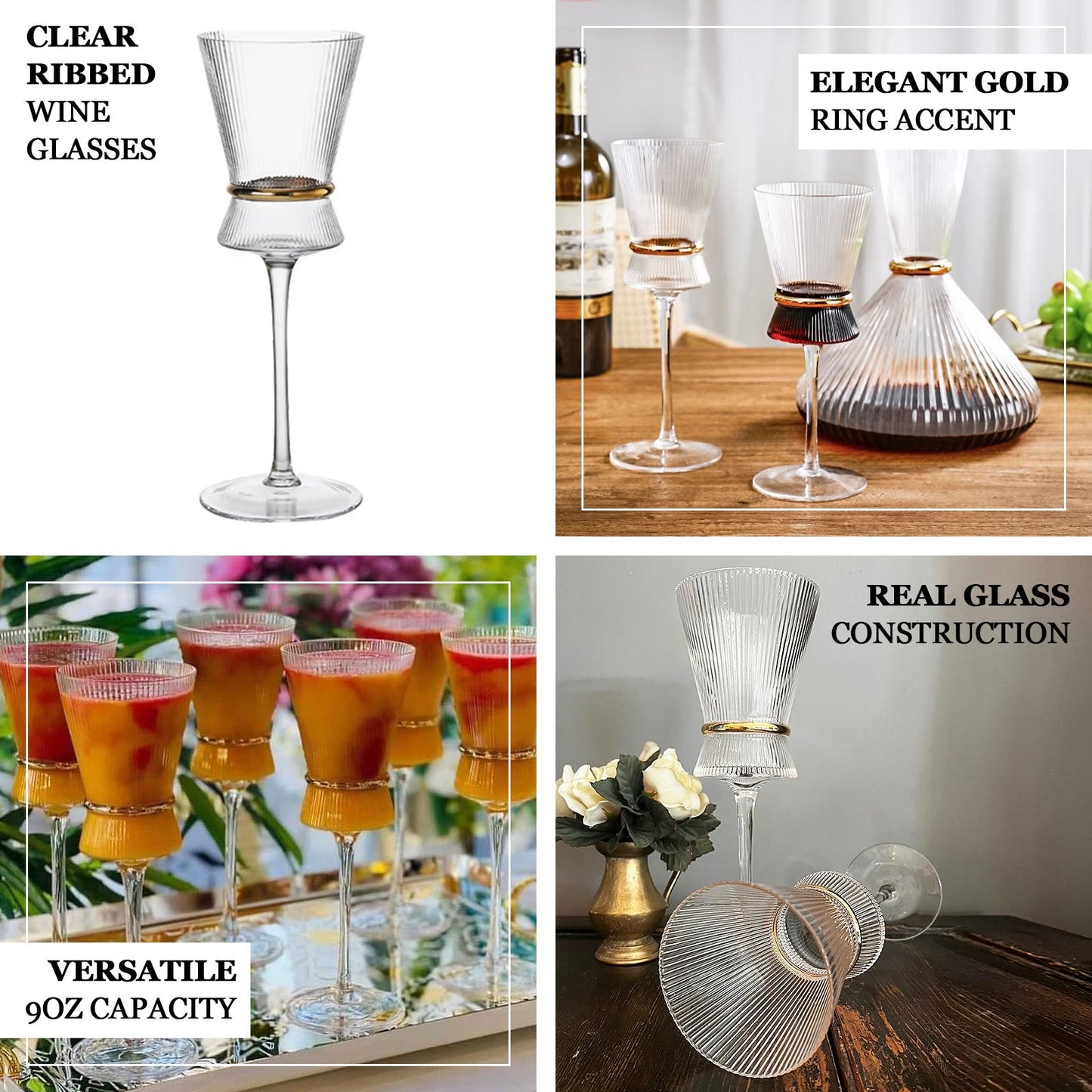 6-Pack Clear Wine Glasses â€“ 9oz Real Glass, Ribbed Design with Gold Ring Accent, Elegant Glassware for Celebrations â€“ 9" Tall