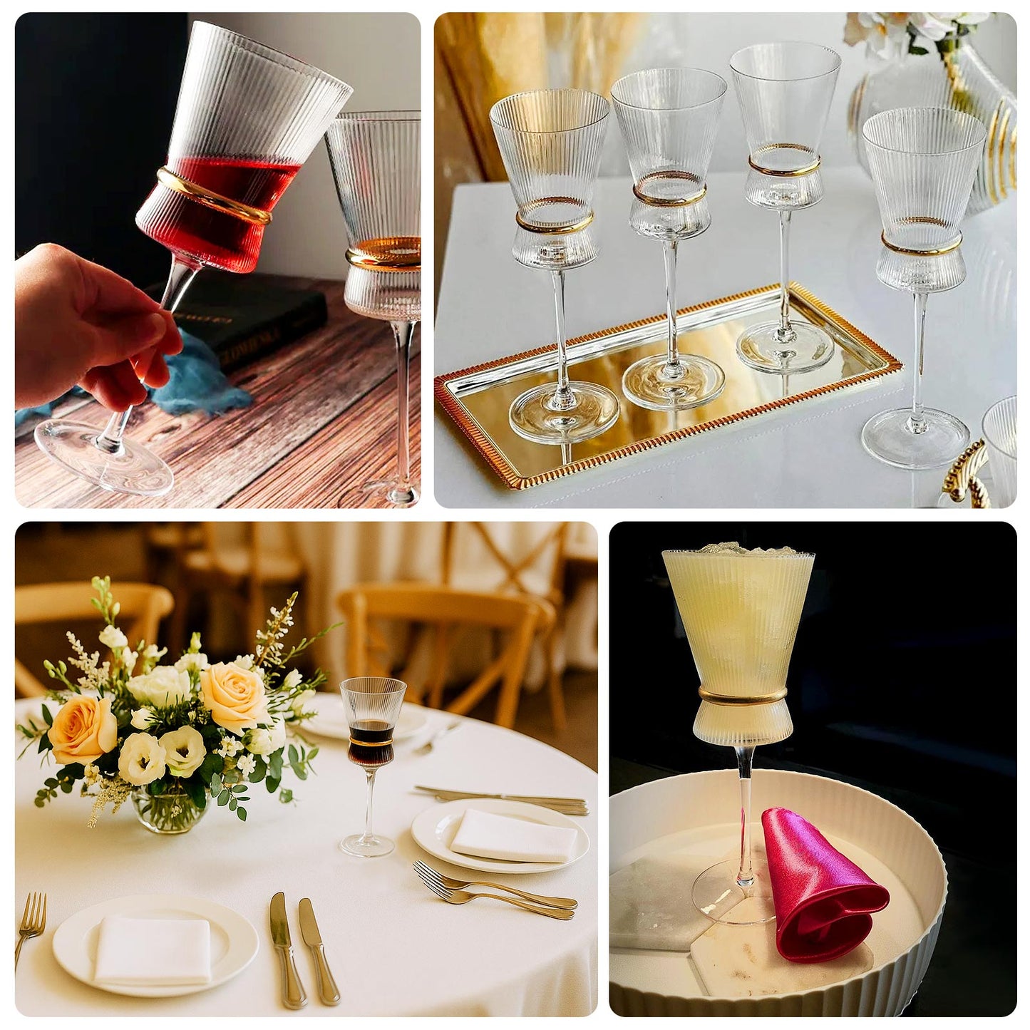 6-Pack Clear Wine Glasses â€“ 9oz Real Glass, Ribbed Design with Gold Ring Accent, Elegant Glassware for Celebrations â€“ 9" Tall