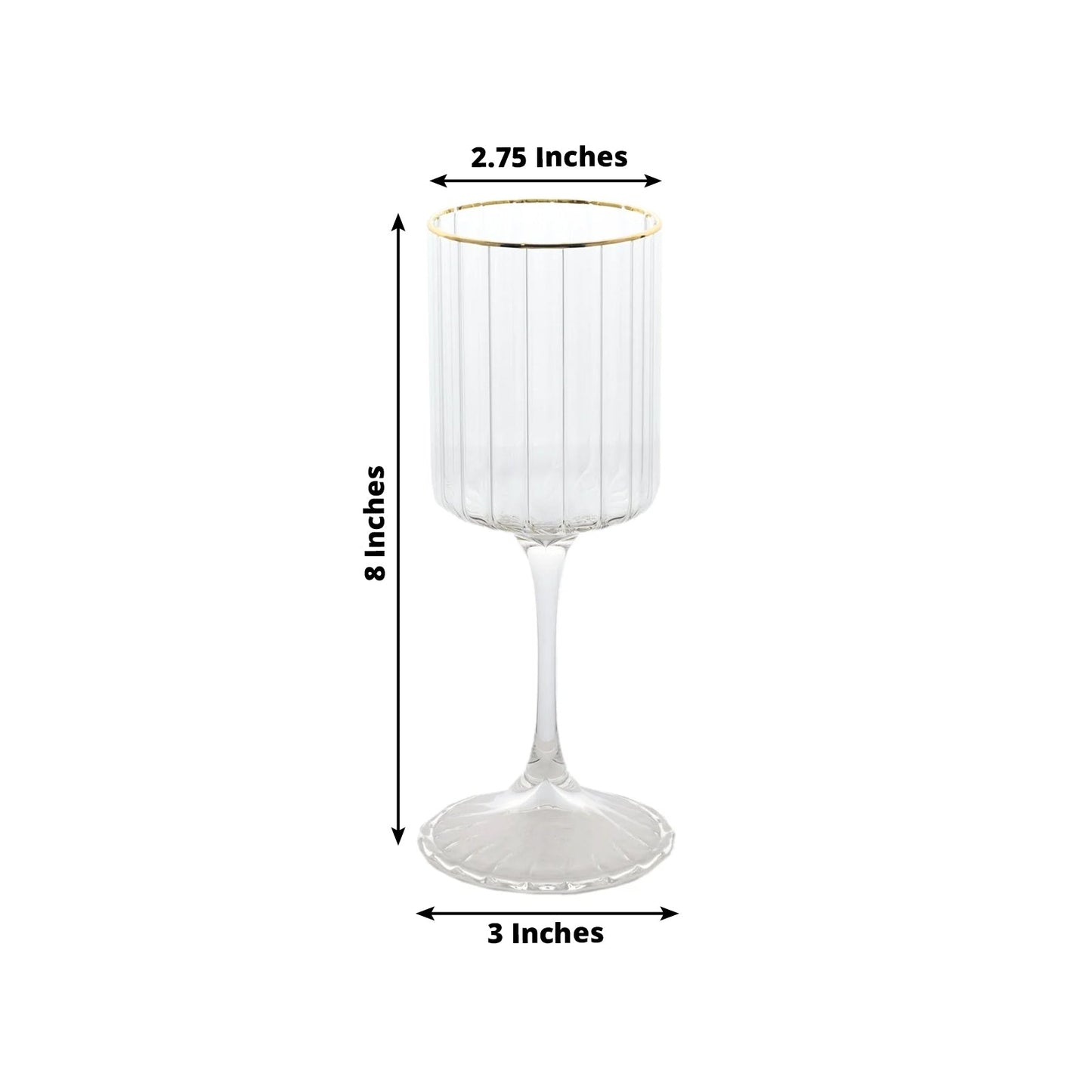 6-Pack Vintage Wine Goblet Glasses â€“ 10oz Ribbed Clear Glass with Gold Rim, Classic Table Drinkware for Cocktails or Beverages â€“ 8" Tall