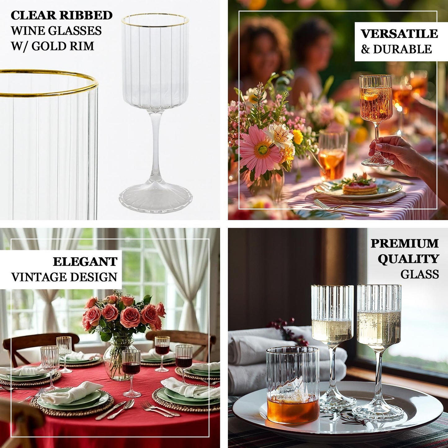 6-Pack Vintage Wine Goblet Glasses â€“ 10oz Ribbed Clear Glass with Gold Rim, Classic Table Drinkware for Cocktails or Beverages â€“ 8" Tall