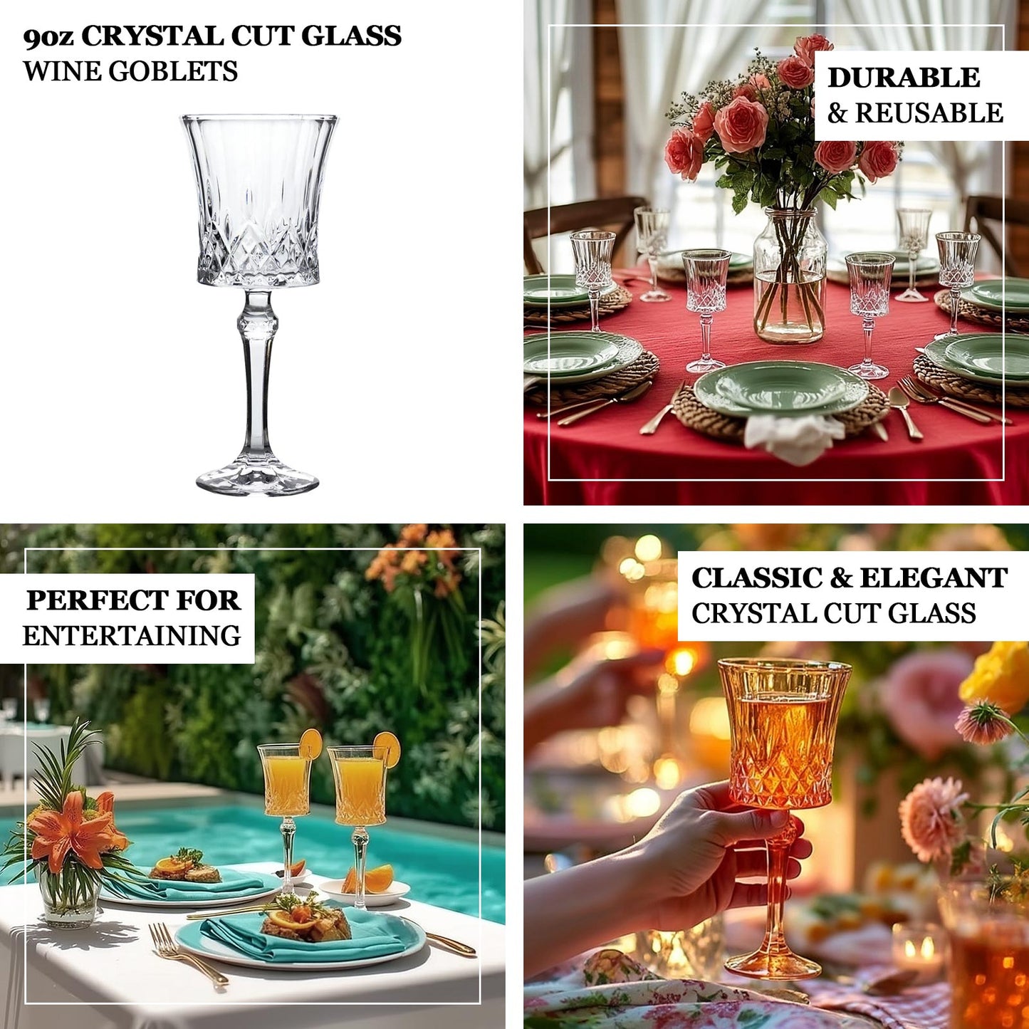 6 Pack 9oz Crystal Cut Glass Goblets Clear â€“ Elegant Vintage Wine, Water & Cocktail Glasses for Table Settings