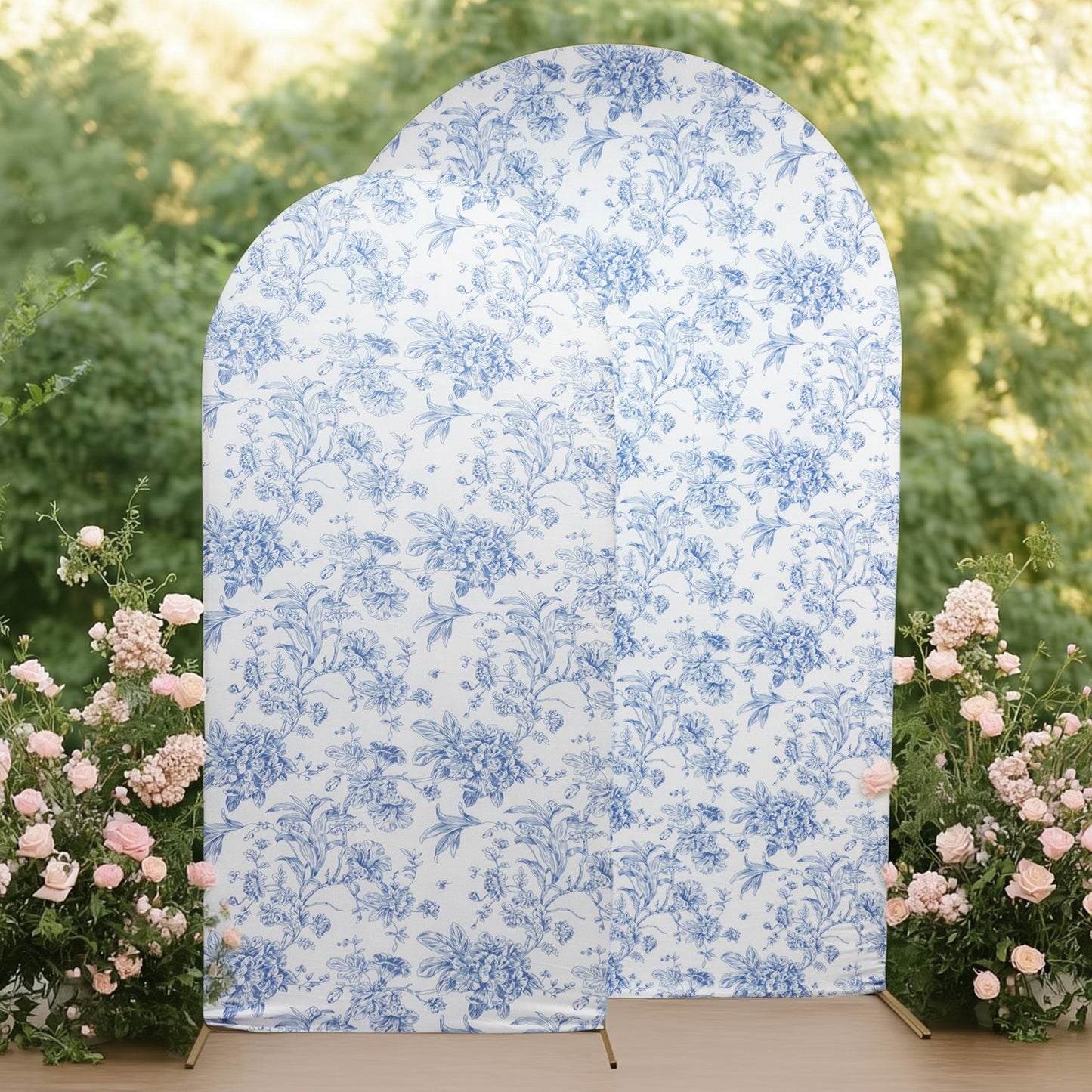 7ft Fitted Spandex Chiara Backdrop Cover â€“ French Toile Blue & White Floral Arch Slipcover for Round Top Wedding Stand