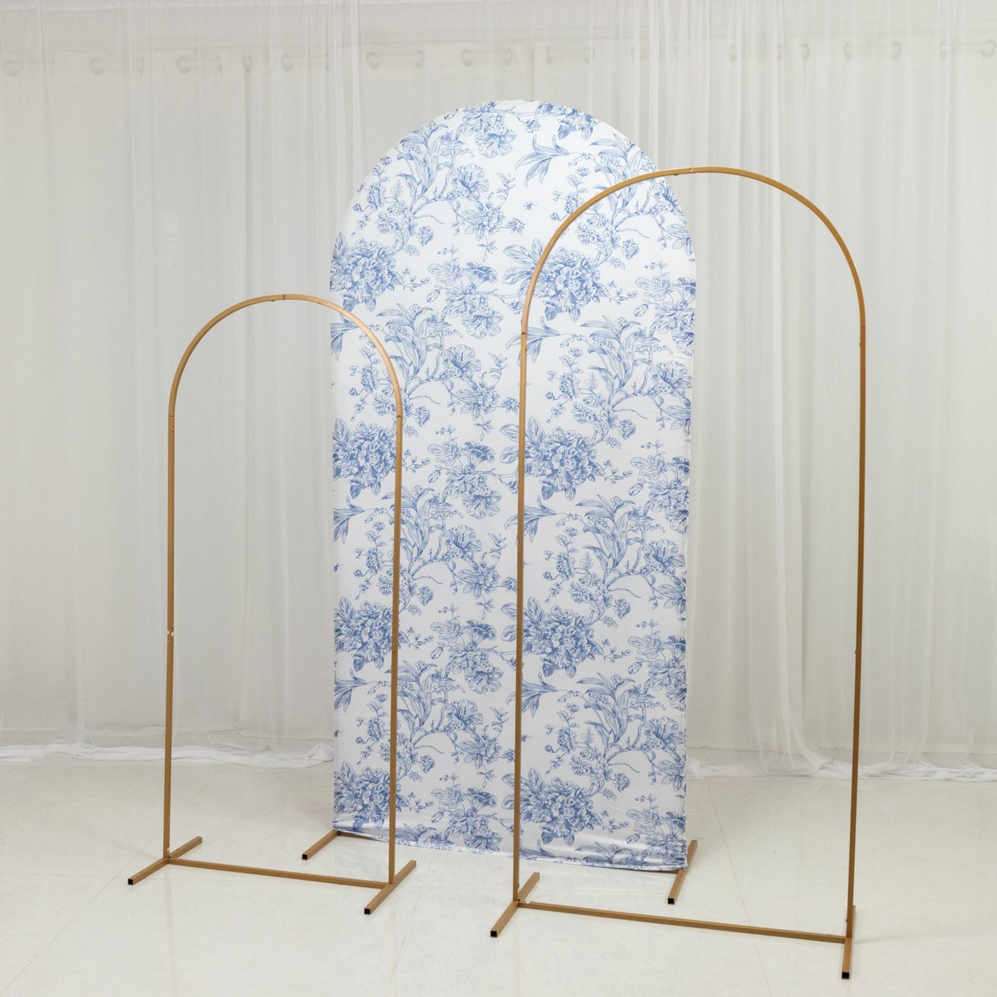 7ft Fitted Spandex Chiara Backdrop Cover â€“ French Toile Blue & White Floral Arch Slipcover for Round Top Wedding Stand