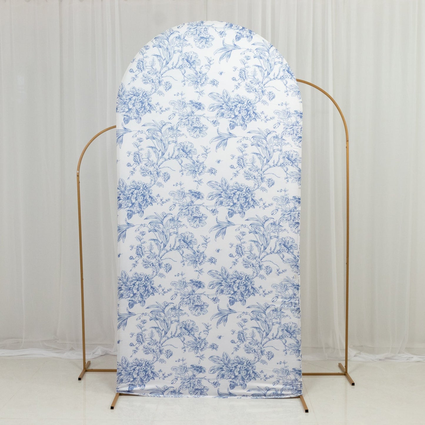 7ft Fitted Spandex Chiara Backdrop Cover â€“ French Toile Blue & White Floral Arch Slipcover for Round Top Wedding Stand