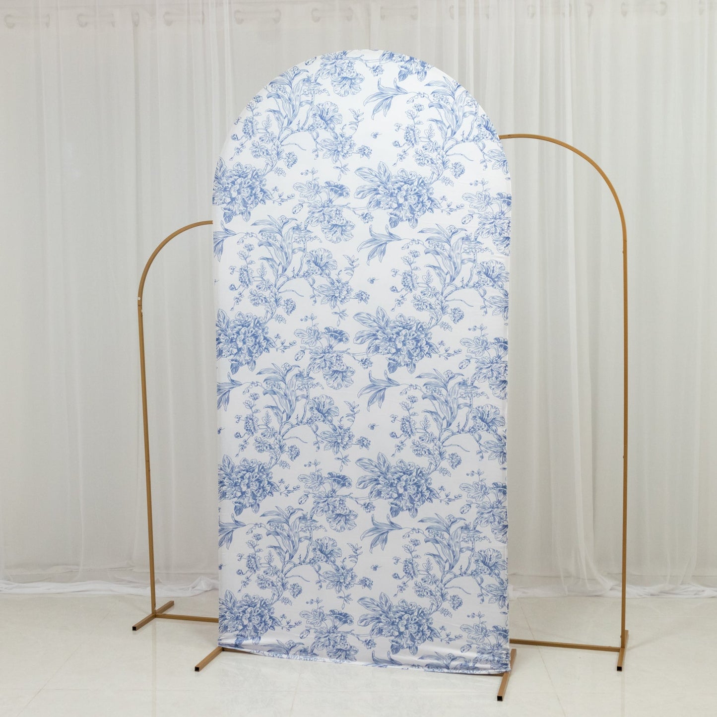 7ft Fitted Spandex Chiara Backdrop Cover â€“ French Toile Blue & White Floral Arch Slipcover for Round Top Wedding Stand