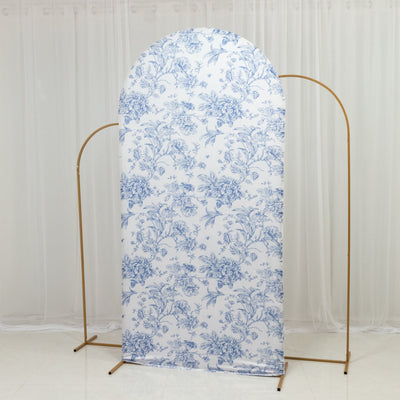 7ft Fitted Spandex Chiara Backdrop Cover â€“ French Toile Blue & White Floral Arch Slipcover for Round Top Wedding Stand