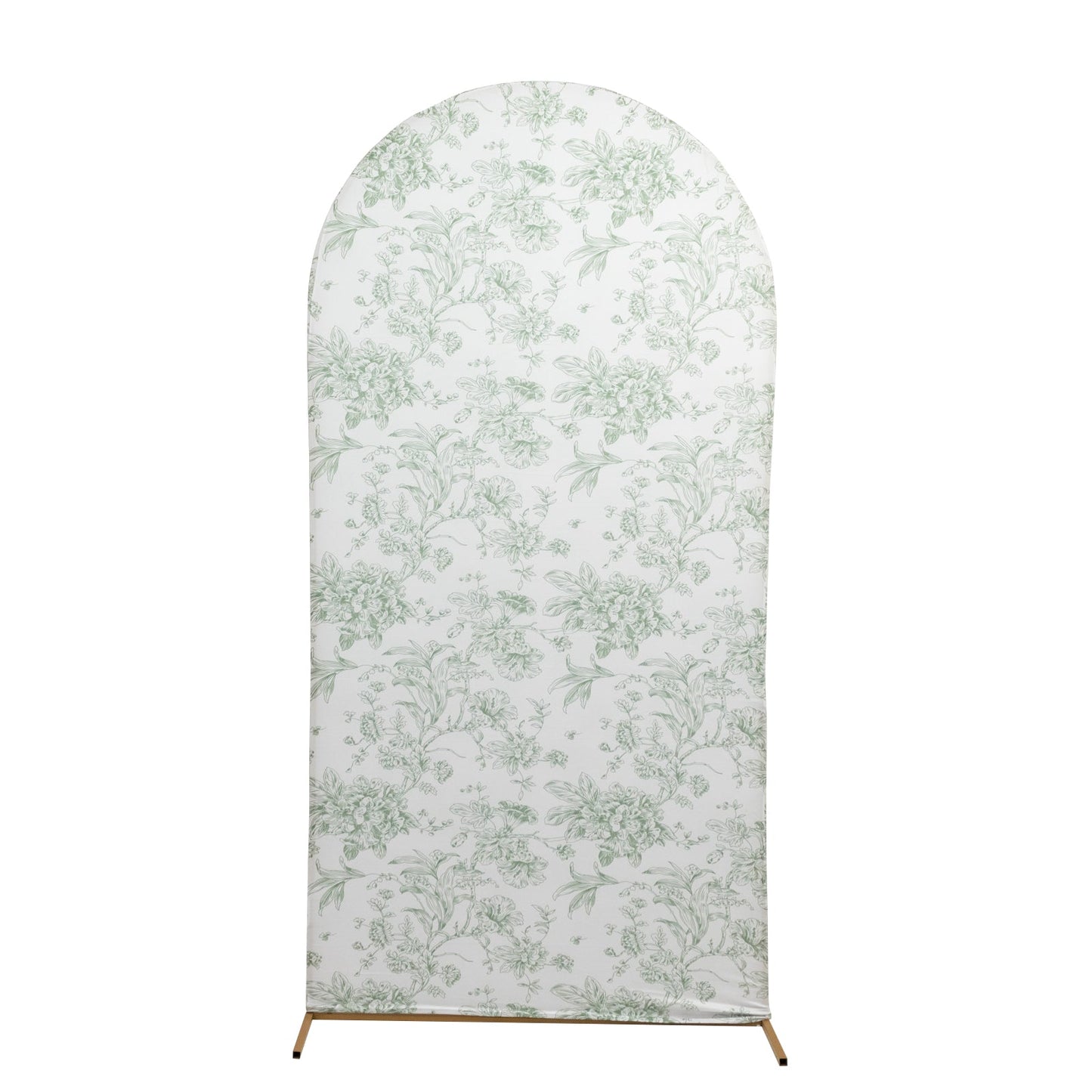 7ft Fitted Spandex Chiara Backdrop Cover â€“ French Toile Dusty Sage Green & White Floral Arch Slipcover for Round Top Wedding Stand