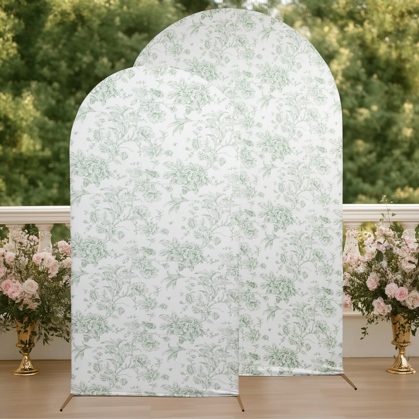 7ft Fitted Spandex Chiara Backdrop Cover â€“ French Toile Dusty Sage Green & White Floral Arch Slipcover for Round Top Wedding Stand