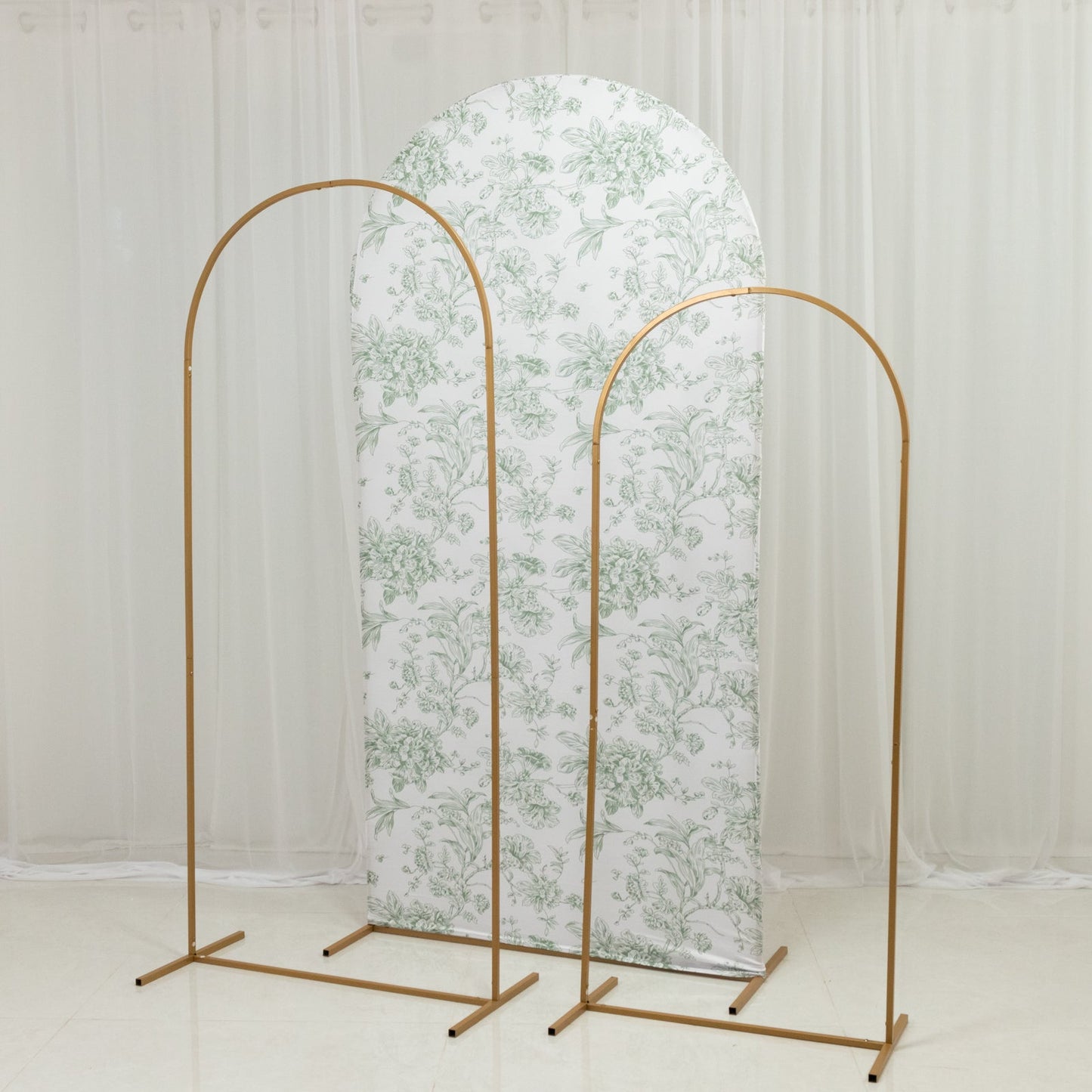 7ft Fitted Spandex Chiara Backdrop Cover â€“ French Toile Dusty Sage Green & White Floral Arch Slipcover for Round Top Wedding Stand