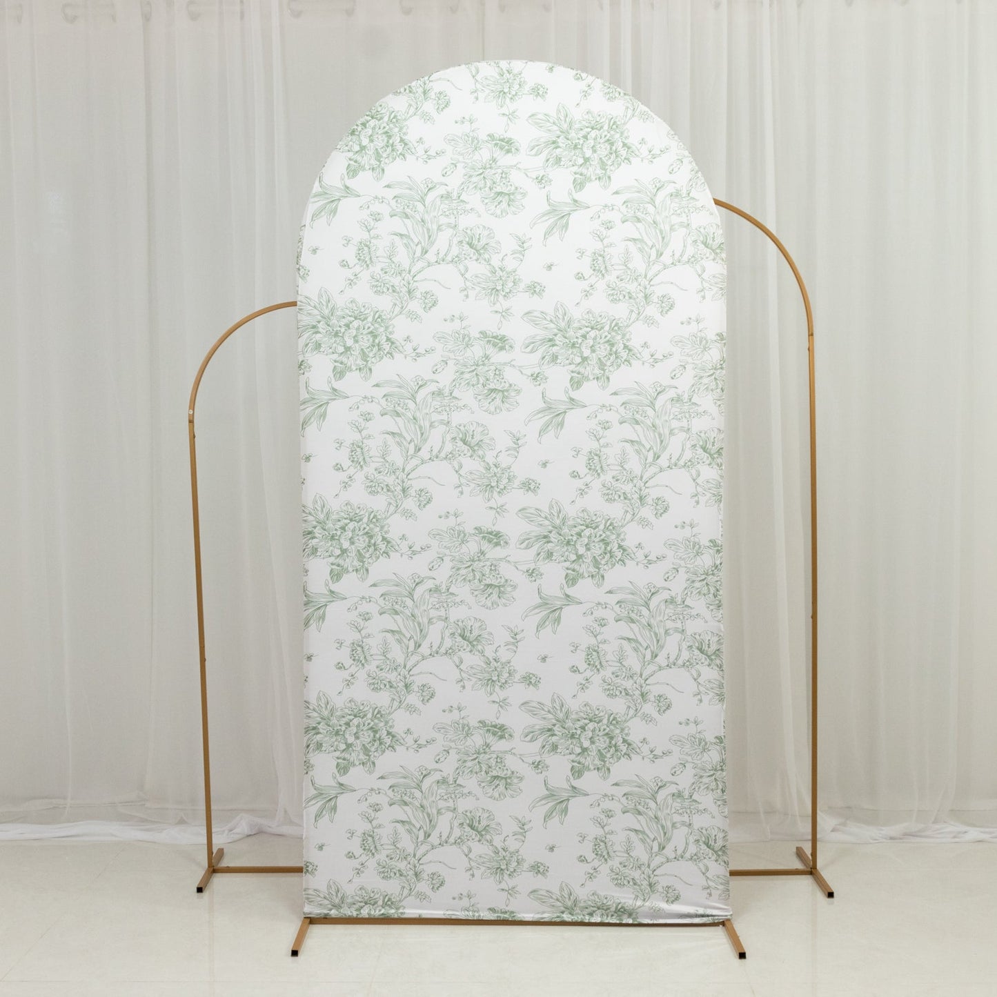 7ft Fitted Spandex Chiara Backdrop Cover â€“ French Toile Dusty Sage Green & White Floral Arch Slipcover for Round Top Wedding Stand