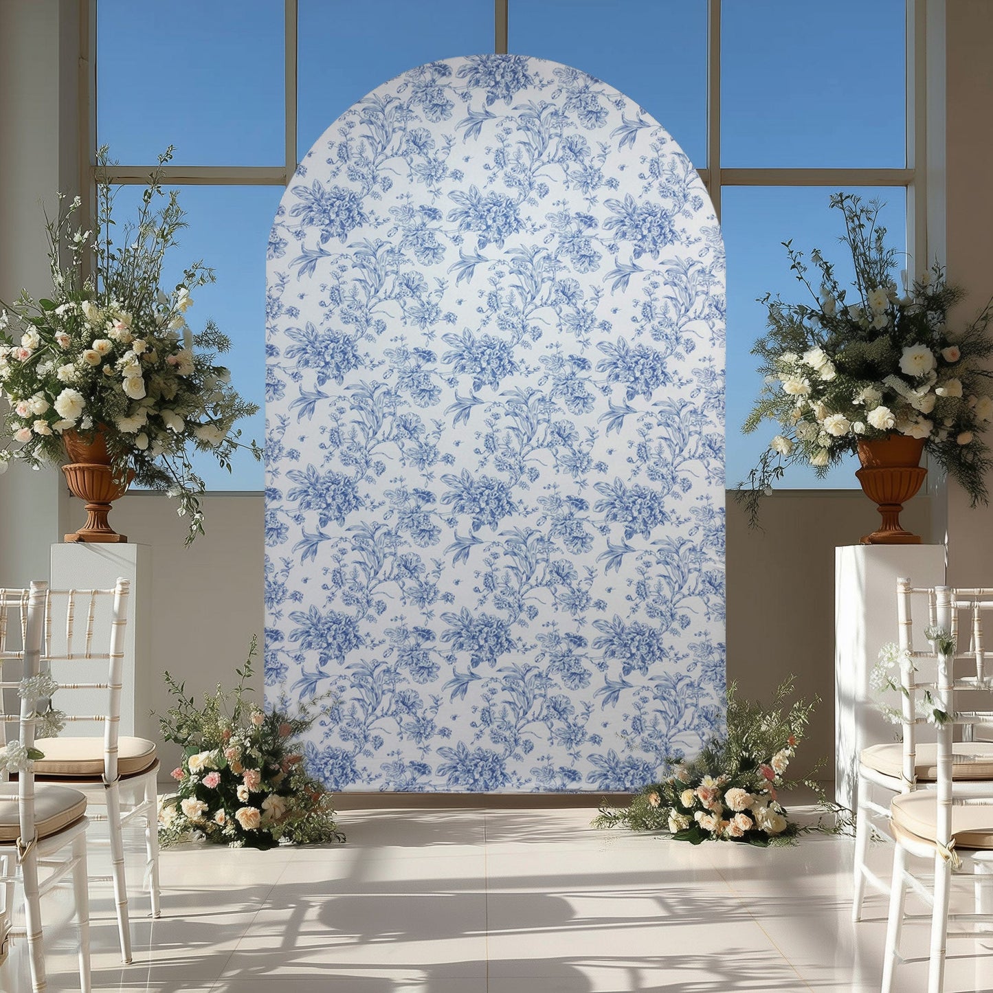 8ft Fitted Spandex Chiara Backdrop Cover â€“ French Toile Blue & White Floral Arch Slipcover for Round Top Wedding Stand