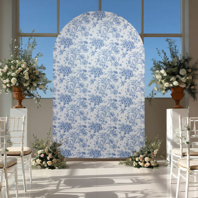 8ft Fitted Spandex Chiara Backdrop Cover â€“ French Toile Blue & White Floral Arch Slipcover for Round Top Wedding Stand