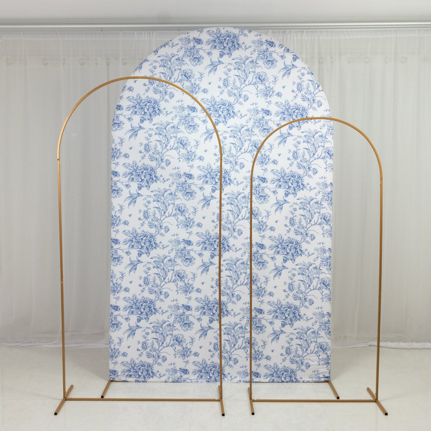 8ft Fitted Spandex Chiara Backdrop Cover â€“ French Toile Blue & White Floral Arch Slipcover for Round Top Wedding Stand