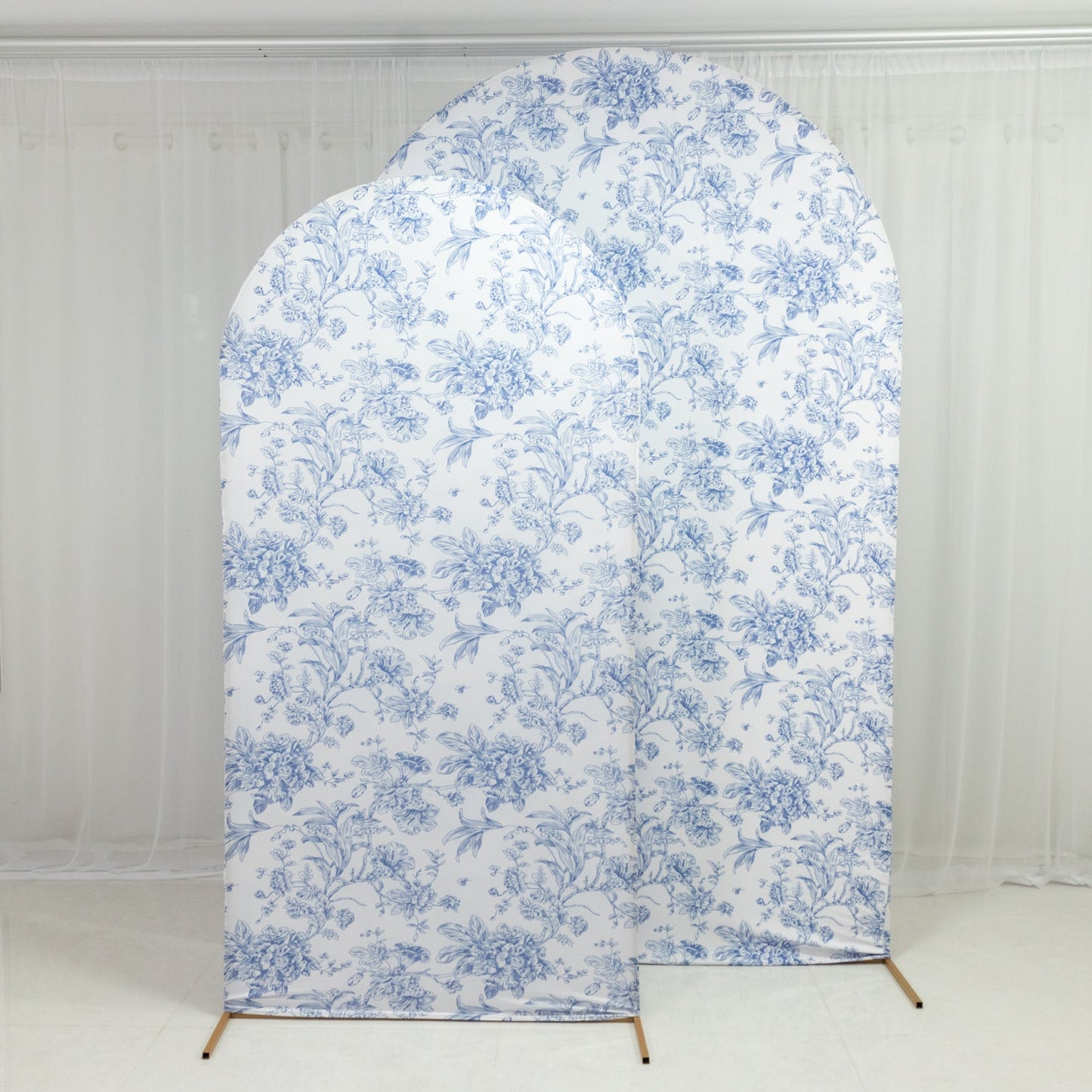 8ft Fitted Spandex Chiara Backdrop Cover â€“ French Toile Blue & White Floral Arch Slipcover for Round Top Wedding Stand