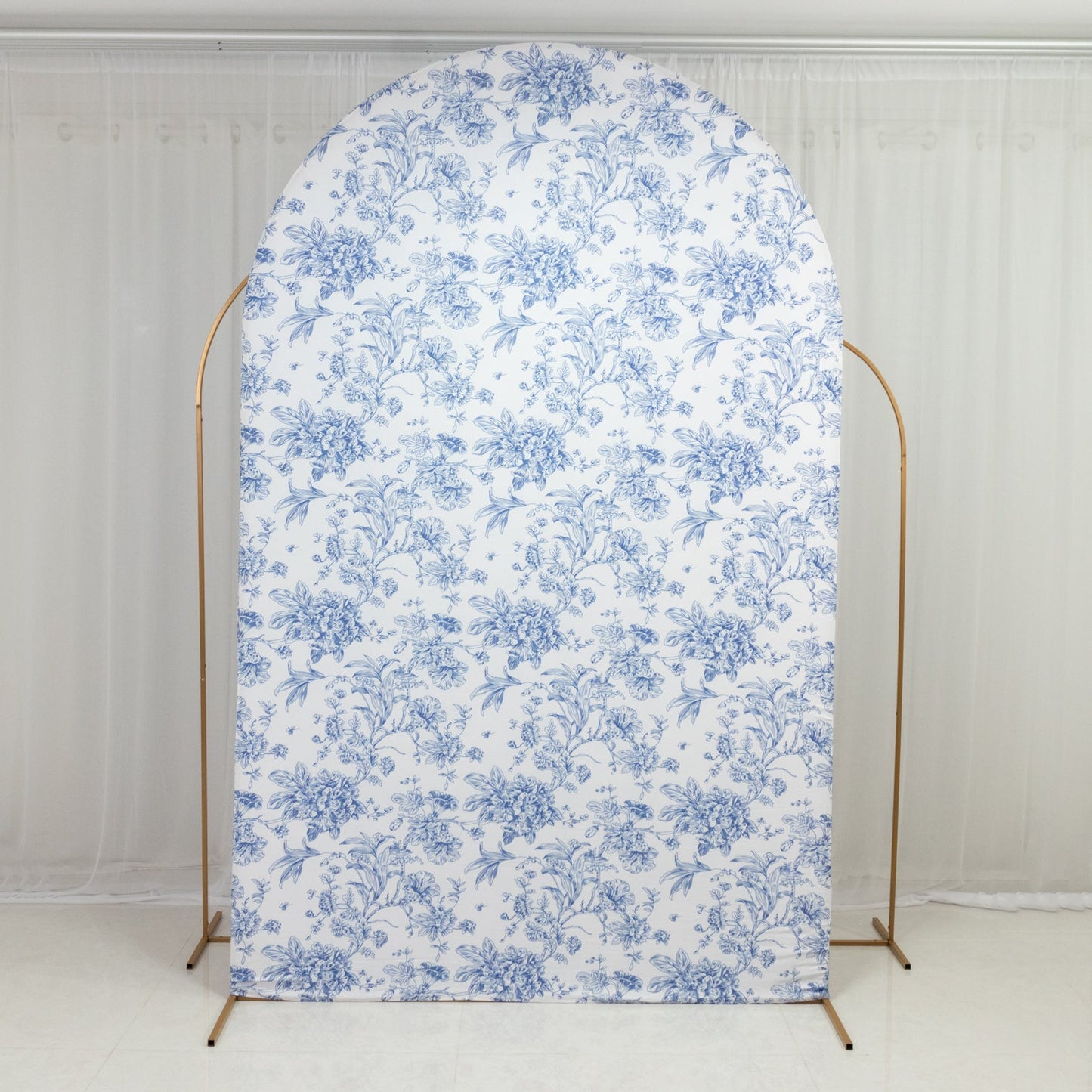 8ft Fitted Spandex Chiara Backdrop Cover â€“ French Toile Blue & White Floral Arch Slipcover for Round Top Wedding Stand